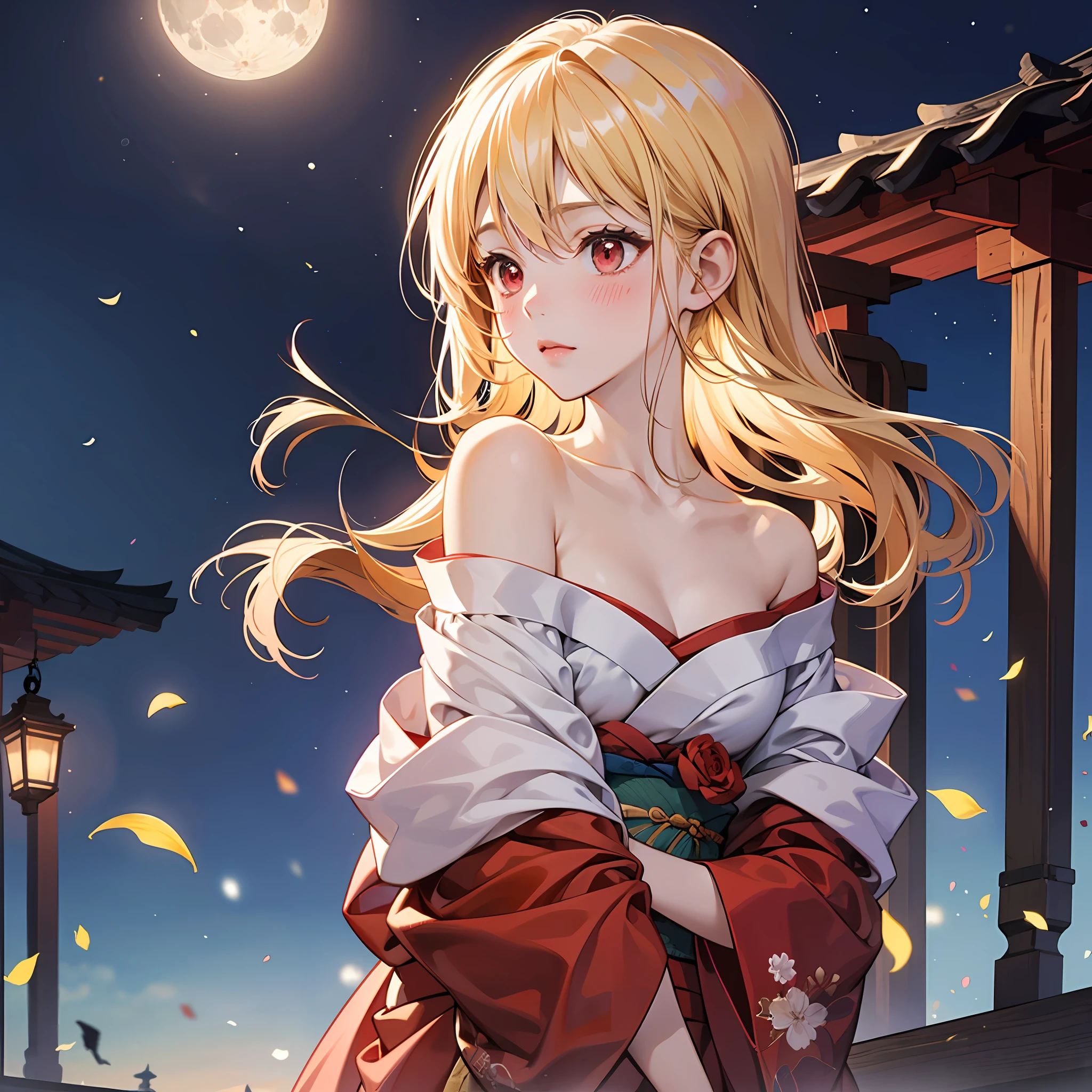 red blush、a blond、red eyes、Beautiful girl alone、animesque、独奏、Kimono、off shoulders、lonely、natta、a moon