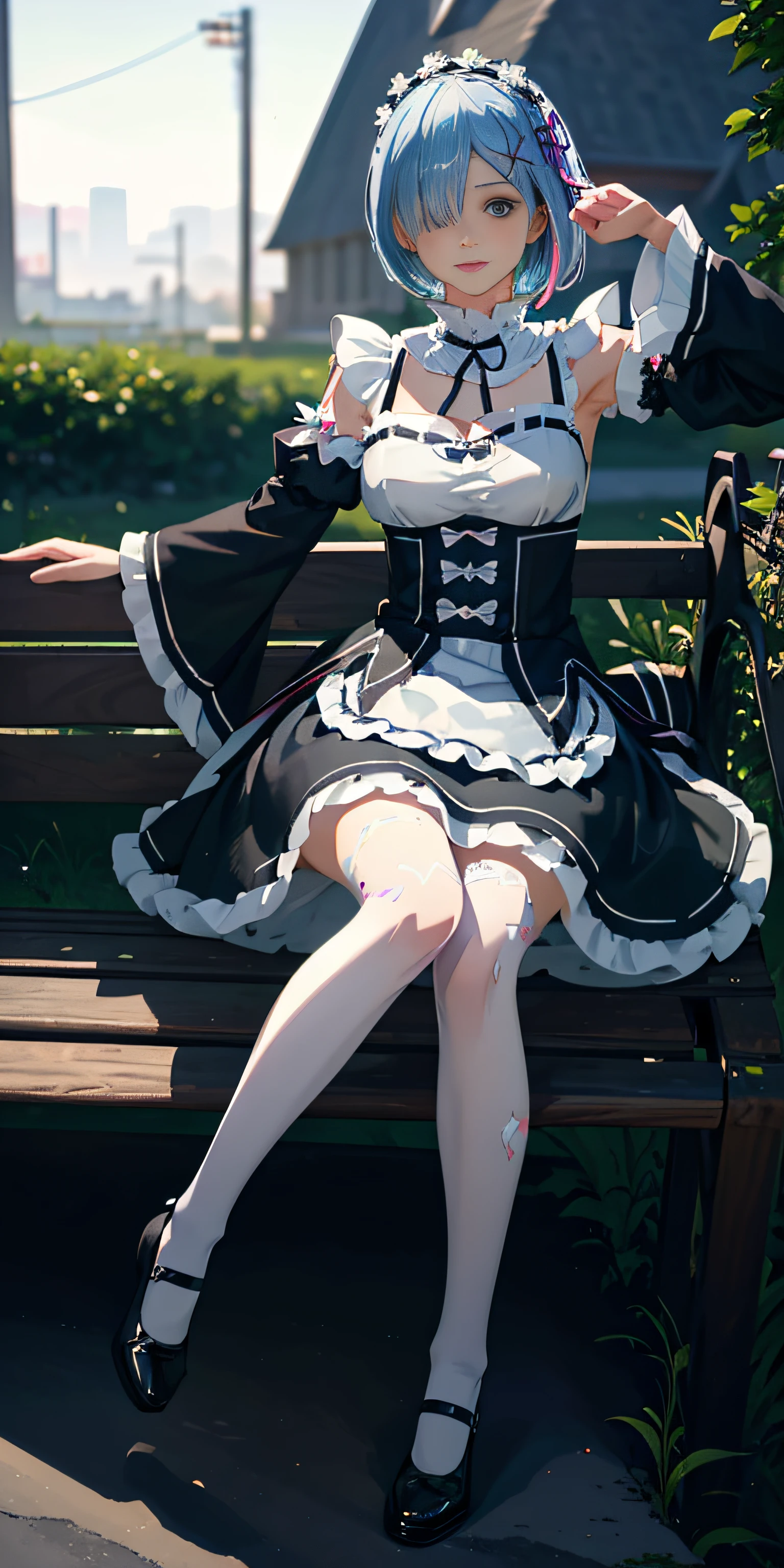 R_E_M, 1girl,(beautiful face:1.25) short blue hair, blue eyes, hair over one eye, hair ornament, pink hair ribbon, rem's maid uniform, detached sleeves, white lace legwear, black shoes, (realistic:1.7),((best quality)),absurdres,(ultra high res),(photorealistic:1.6),photorealistic,octane render,(hyperrealistic:1.2), (photorealistic face:1.2), (8k), (4k), (Masterpiece),(realistic skin texture), (illustration, cinematic lighting,wallpaper),( beautiful eyes:1.2),((((perfect face)))),(cute),(standing),((looking at viewer)),(dynamic pose:1.3), full body, sitting on the bench, outdoors, park, lawn, flowers, path, castle, lake, station