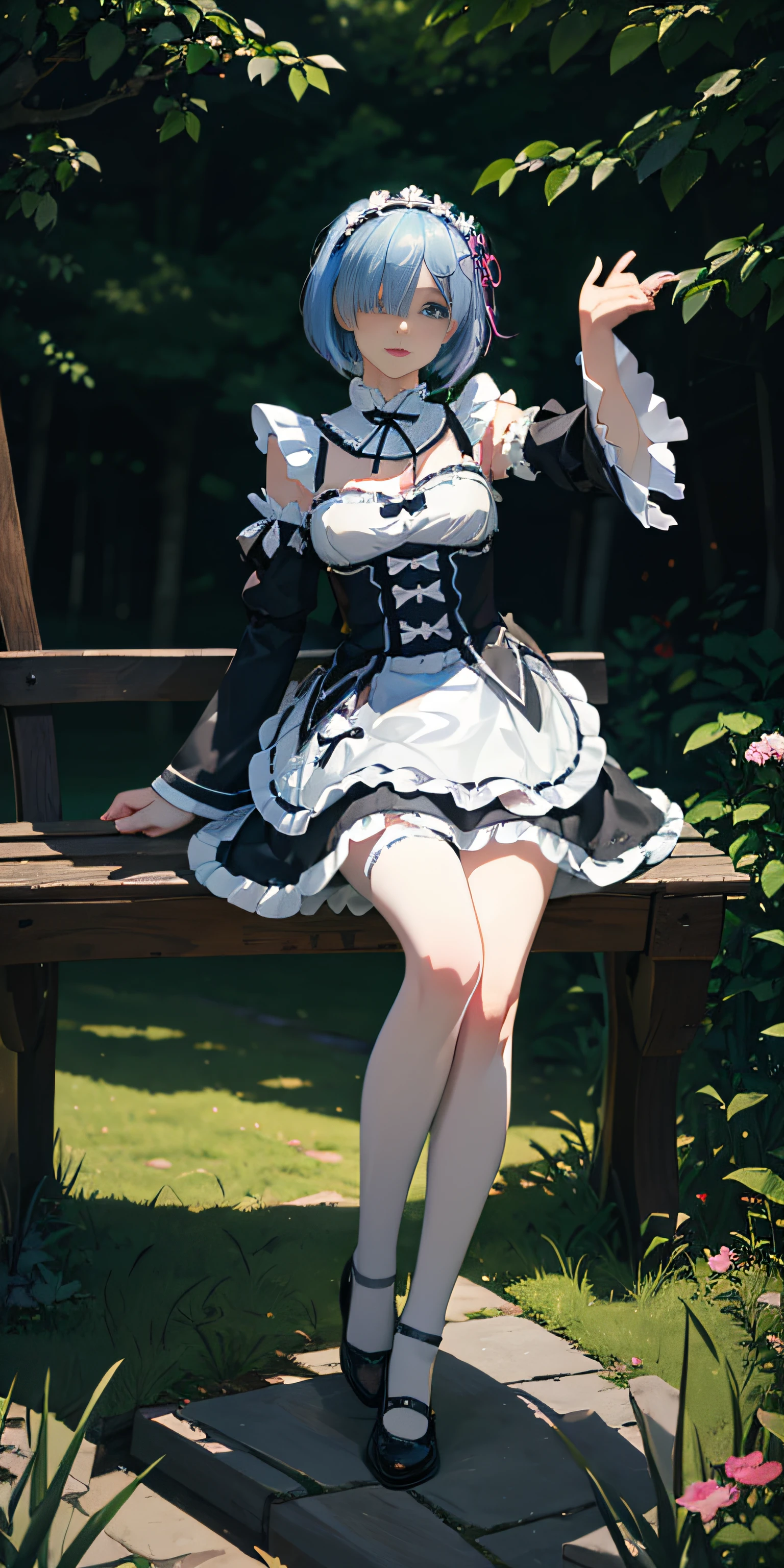 R_E_M, 1girl,(beautiful face:1.25) short blue hair, blue eyes, hair over one eye, hair ornament, pink hair ribbon, rem's maid uniform, detached sleeves, white lace legwear, black shoes, (realistic:1.7),((best quality)),absurdres,(ultra high res),(photorealistic:1.6),photorealistic,octane render,(hyperrealistic:1.2), (photorealistic face:1.2), (8k), (4k), (Masterpiece),(realistic skin texture), (illustration, cinematic lighting,wallpaper),( beautiful eyes:1.2),((((perfect face)))),(cute),(standing),((looking at viewer)),(dynamic pose:1.3), full body, sitting on the bench, outdoors, park, lawn, flowers, path, castle, lake, station