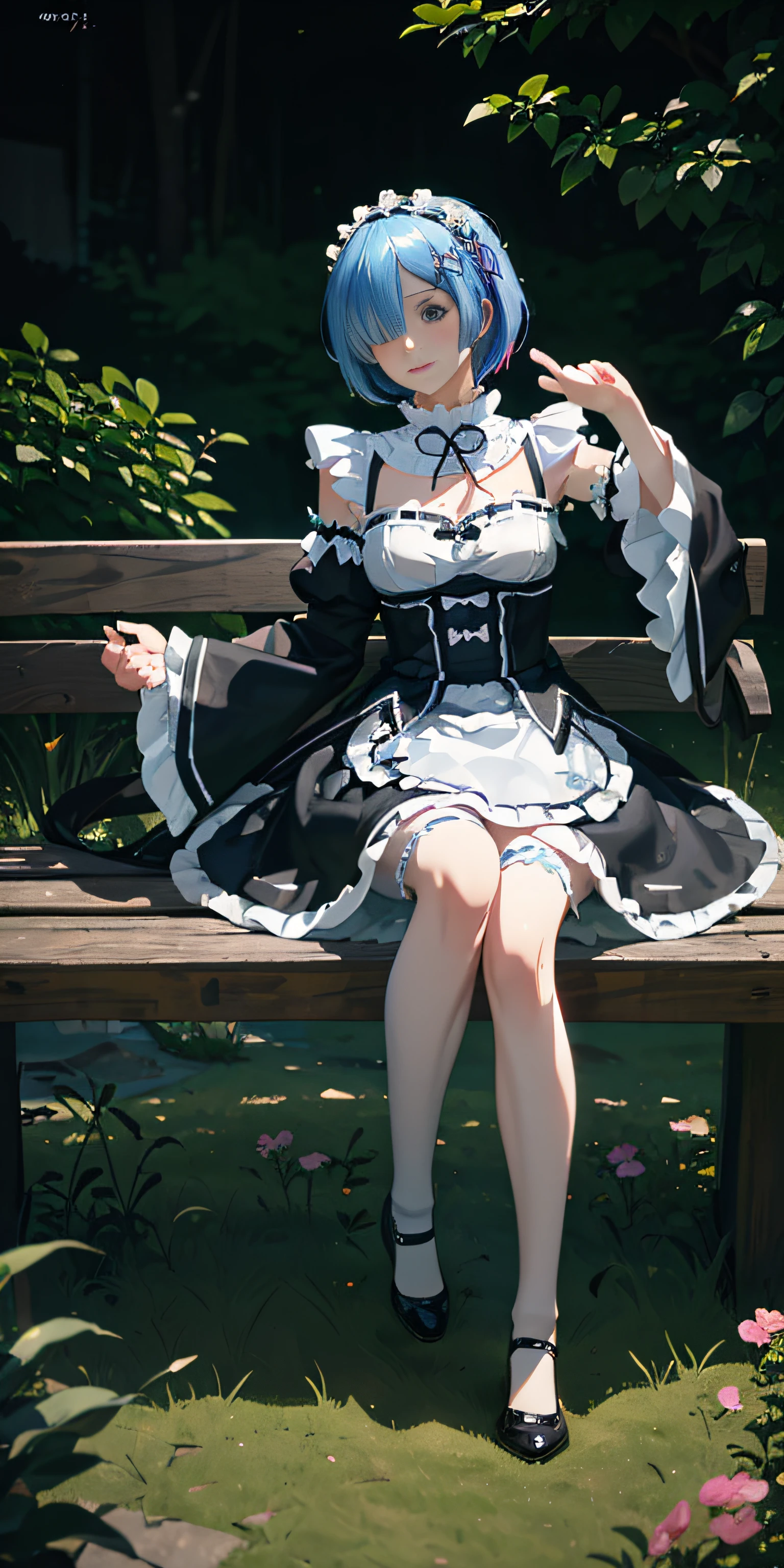 R_E_M, 1girl,(beautiful face:1.25) short blue hair, blue eyes, hair over one eye, hair ornament, pink hair ribbon, rem's maid uniform, detached sleeves, white lace legwear, black shoes, (realistic:1.7),((best quality)),absurdres,(ultra high res),(photorealistic:1.6),photorealistic,octane render,(hyperrealistic:1.2), (photorealistic face:1.2), (8k), (4k), (Masterpiece),(realistic skin texture), (illustration, cinematic lighting,wallpaper),( beautiful eyes:1.2),((((perfect face)))),(cute),(standing),((looking at viewer)),(dynamic pose:1.3), full body, sitting on the bench, outdoors, park, lawn, flowers, path, castle, lake, station