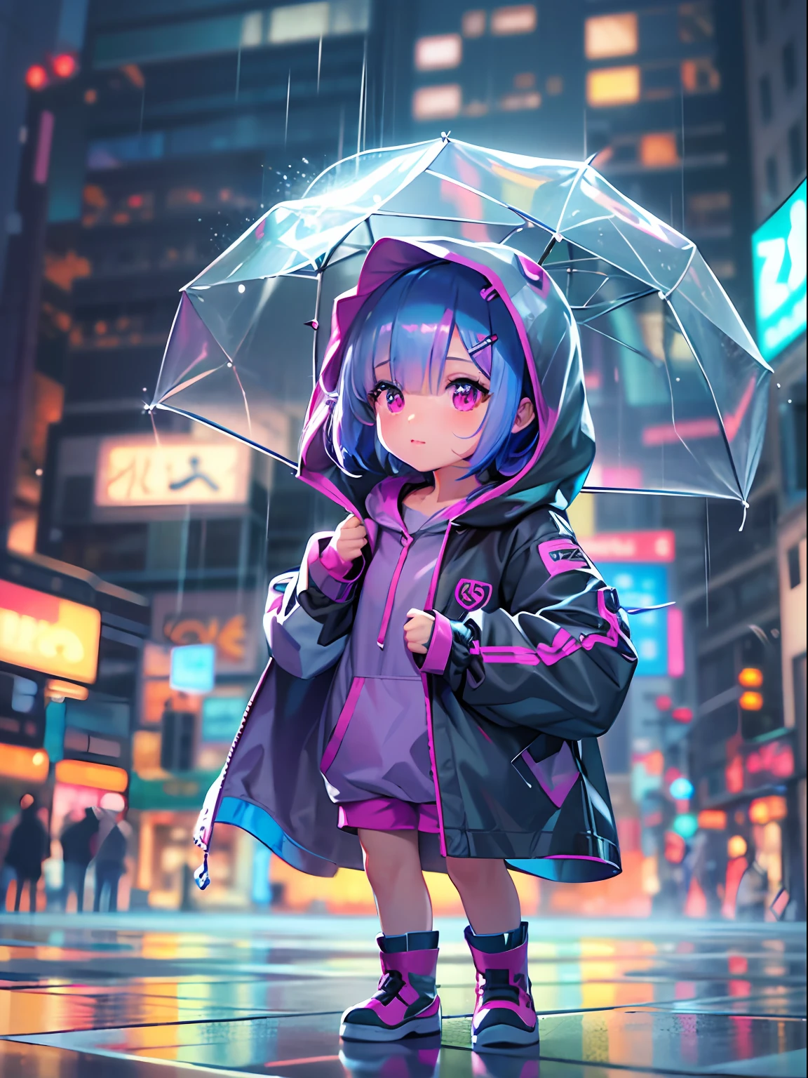 Super cute Q version girl Rem standing in the rain in a raincoat, illustration iridescent, magically glowing, shiny colorful, holograph, By Yuumei, Anime art wallpaper 8 K, Guviz-style artwork, Anime art wallpaper 4k, Anime art wallpaper 4 K, Beautiful anime artwork, Digital anime art, Guviz,(full bodyesbian:1.2)