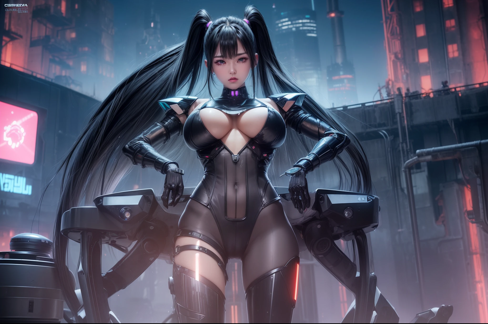 delicated face、20-year-old KPOP idol cyborg girl、(Carbon Fiber Cyborg Body)、Carbon fiber body、{{twin-tail hair}}、(huge tit:1.4)、(mechanical joint)、bangss、Charming curves、Middle of the pelvis、((abandoned factory))、glistning skin、((Pafia Leola))、(highleg、Spread Leg、camel's toe、cammel toe、vulvashaped:1.25)、(cyberpunked、SF:1.2)、([[glowing neon]]、(Full Body Pose)、Standing Pose、(8k、RAW Photography、top-quality、 ​masterpiece: 1.45)、(NSFW:1.2)、(((deep in the night)))、(((dark)))