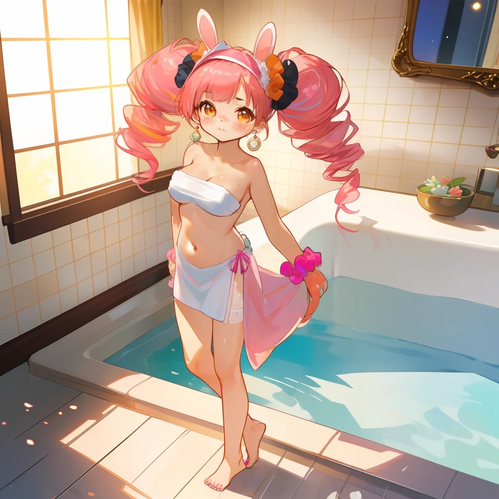 (Highly detailed CG Unity 8k wallpaper), (Best Quality), (Super Detail), (Best Illustration), (Best Shadow), POV, Realistic lighting and shading, Natural light, Lens flare effect, BREAK, 1 beautiful girl, Solo,(Cute:1.5),(Chibi:0.8), (kawaii:1.5),(Lori:0.5), BREAK, ( (17 years old girl), Very detailed, colourfull, highest details, BREAK, (Huge breasts: 1. 2,), Clear skin, Beautiful skin, Shy skin, 1 beautiful girl, ((girl, Cute, Graceful, Loli face)) ,(medium breasts),(Orange Eyes:1.2),(A pink-haired,short twintails,tareme:1.2), gleaming skin,Stuffed rabbit, BREAK,Black Bunny Years Hair Band, Solo, gleaming skin, BREAK, (Wrap your body in a bath towel:1.2), (She has her hair tied in a bun.:1.0), (Barefoot with colorful nails:1.0), (barechested:1.2), (pink scrunchie:1.0), (Earrings in the shape of a rabbit:1.1), (Lace headband:1.0), (Cute Accessories:1.3), (is standing:1.1)
