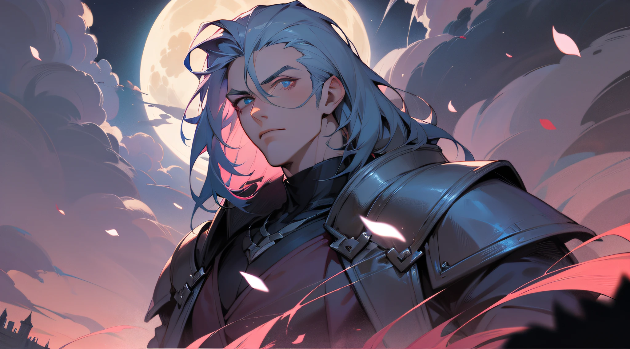 (absurdres, highres, ultra detailed), 1 male, adult, handsome, tall muscular guy, broad shoulders, finely detailed eyes and detailed face, fantasy, night, dark theme, cinematic lighting, colorful, portrait, flying petal, Flowery meadow, cloudy sky, building, moon, light, dutch angle, cowboy shot