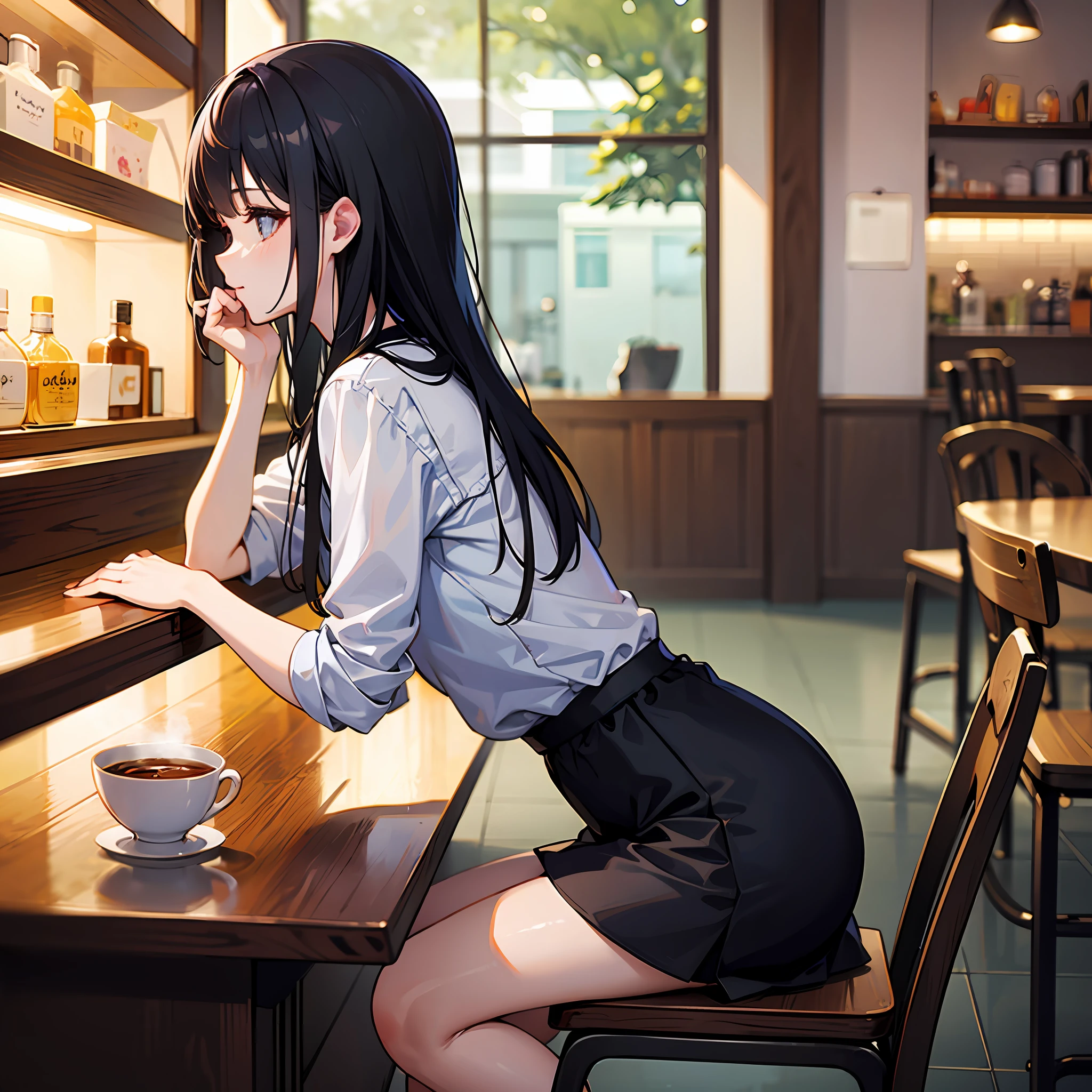 from side、cafes、Woman studying while sitting on counter chair、Cute in her 20s、Bunching your hair back、Gray blouse、Black tight skirt --auto
