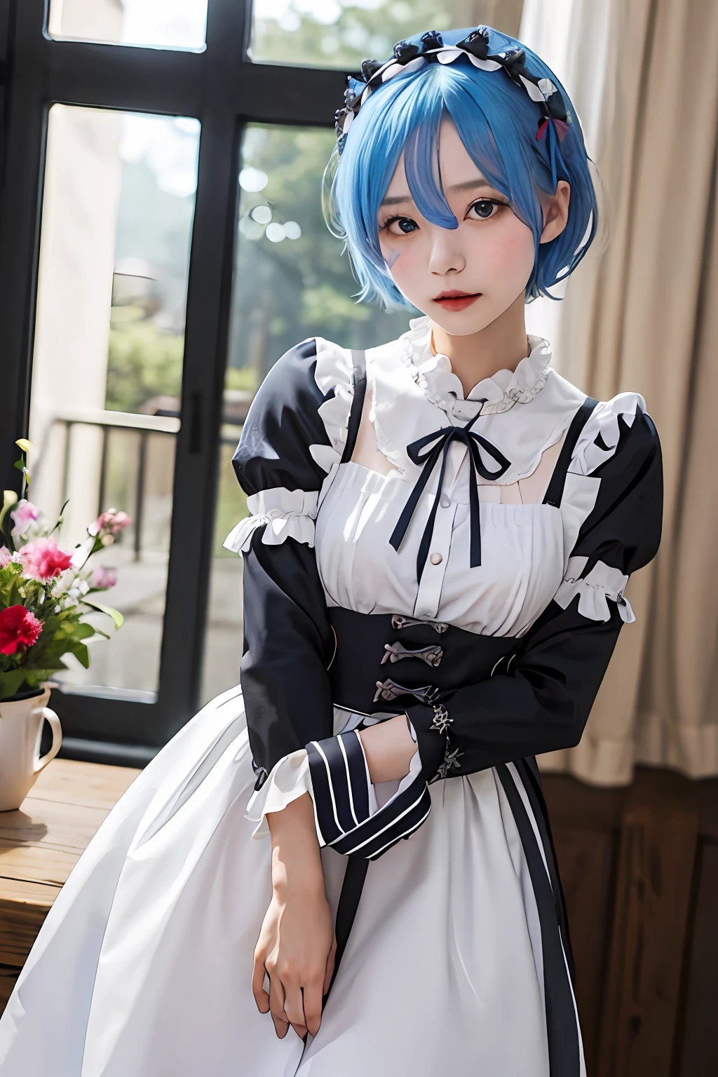 ​masterpiece, top-quality, Hi-Res, REM 1, 1girl in, 独奏, Remu\(Re:Staynight\), blue hairs, white thighhig, shorth hair, red eyes, Hair above one eye, Ribbon trim, Hair Ribbon, X Hair Ornament, frilld, Maid headdress, Waist apron, garter strap, a black ribbon, small tits, long-sleeve, White Apron, Ribbon around the neck, Purple Ribbon, Wide sleeves, flower in hair,