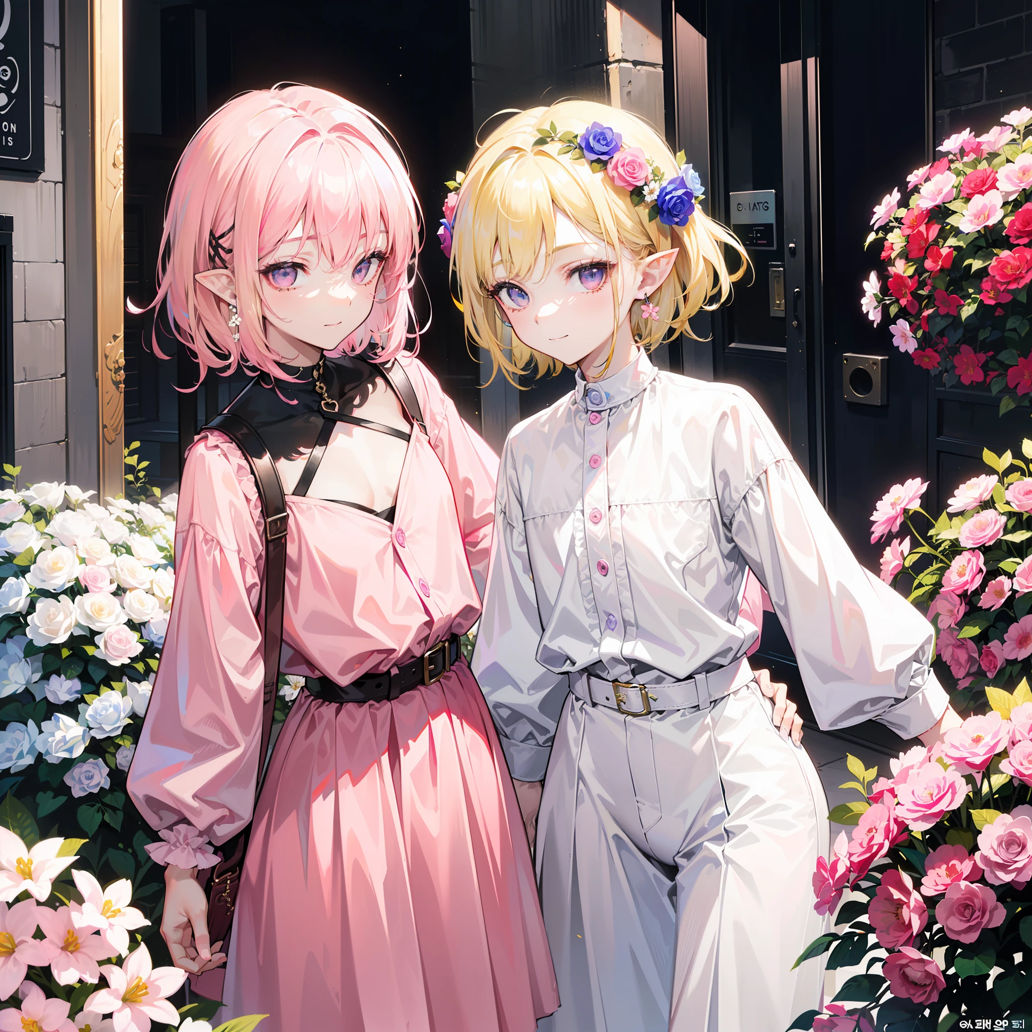 young man, twink, (((male))), (((man))), (((one person))), single, solo, 1guy, (((very light blonde hair))), (((pink colored eyes))), (medium short hair), (chin-length hair), wavy hair, slim body, ((flat chest)), (((wearing flowers in his hair))), flowercrown, ((pointy ears)), (((light pink colored eyes))), smooth skin, smiling, ((wearing street fashion style clothes)), (((wearing modern and futuristic clothes))), (((street fashion))), (((kpop style))), white flowers, purple flowers, light pink flowers, ((wearing clothes)), belts, flower accessories