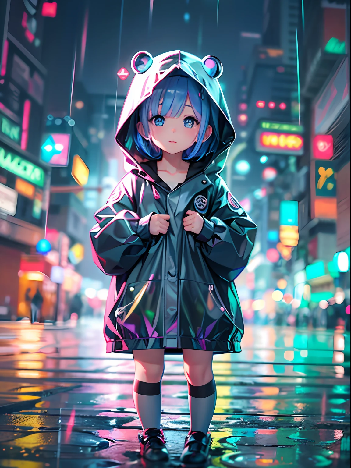 Super cute Q version baby girl Rem standing in the rain in a raincoat, illustration iridescent, magically glowing, shiny colorful, holograph, By Yuumei, Anime art wallpaper 8 K, Guviz-style artwork, Anime art wallpaper 4k, Anime art wallpaper 4 K,  Beautiful anime artwork, Digital anime art, Guviz，（full bodyesbian：1.2）