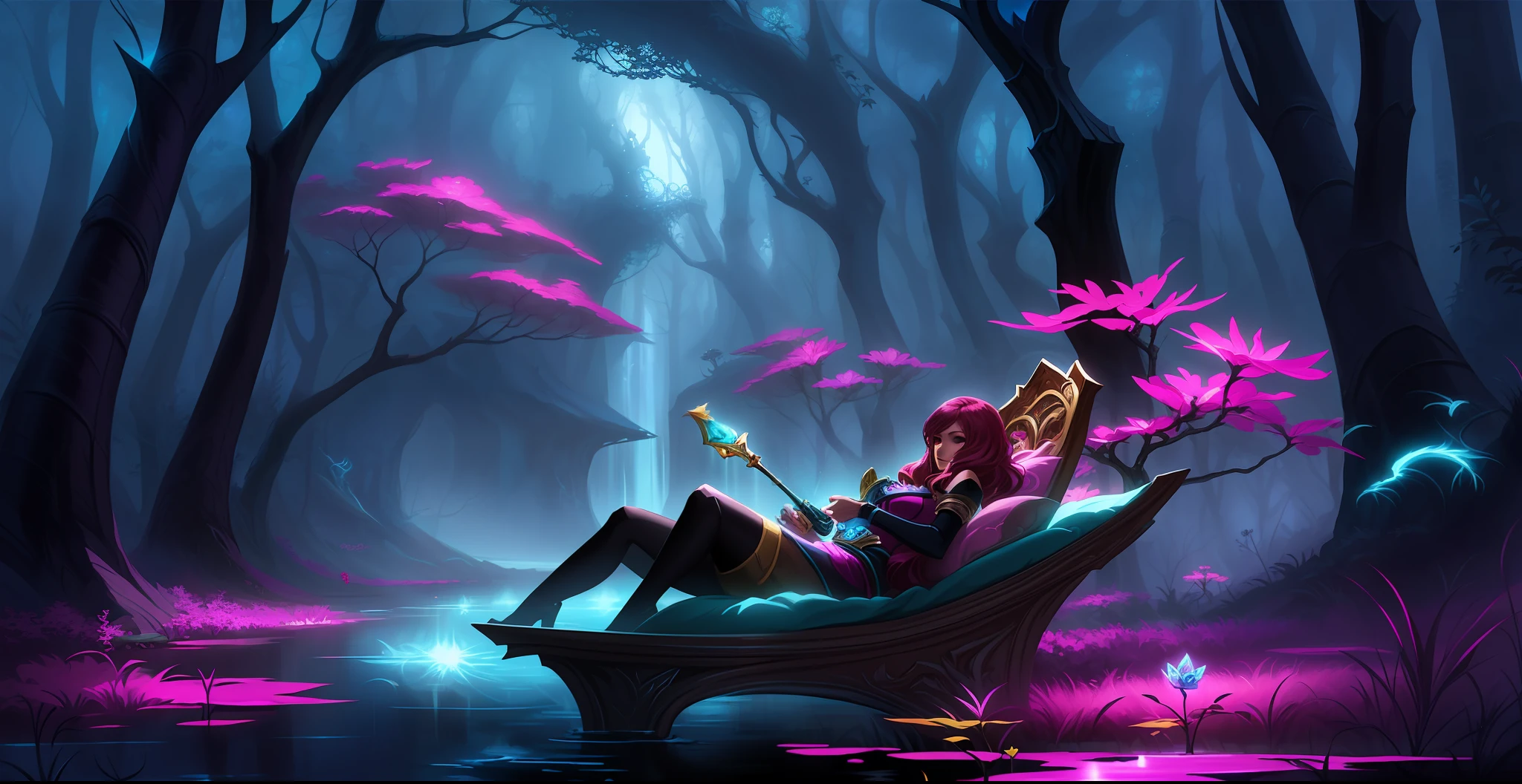 a woman laying on a bed in a forest with a pond of water, anime fantasy artwork, digital art fantasy art, fantasy art style, miss fortune league of legends, anime lush john 8k woods, colorfull digital fantasy art, digital art fantasy, hd fantasy art, beautiful fantasy art, very beautiful fantasy art, relaxing concept art, anime girl walking on water