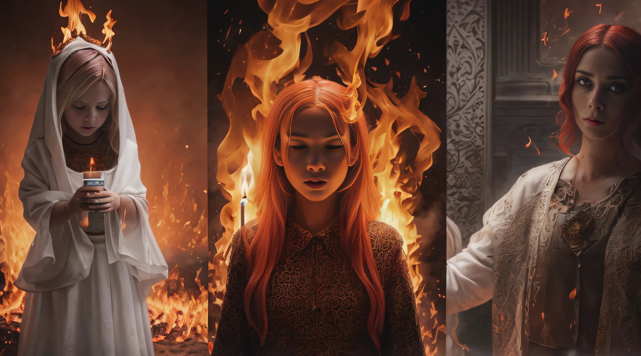 there are four pictures of a girl with red hair and a candle, holy flame spell, scary horrifying satanic rituals, flame conjuring, casting a flame spell, usando chamas tumultuosas, !5 three eyed goddesses, burning hands, casting fire spell, the 5 th element, Directed by: Bernardino Maio, todo o rosto coberto com um fogo, inspirado em Gottfried Helnwein