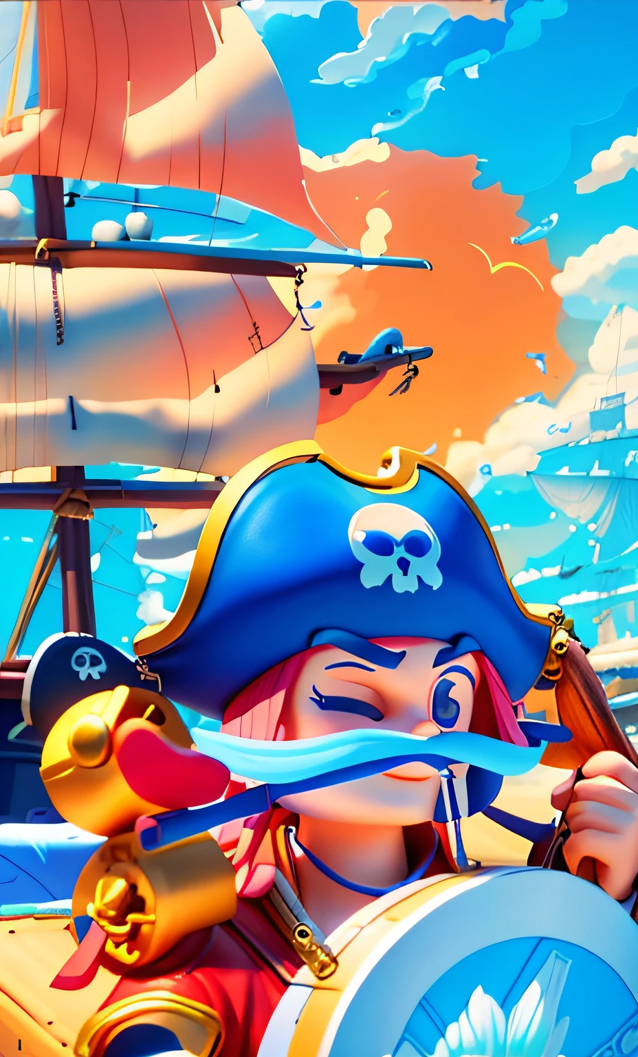 Pirates drive pirate ships，pirate ships，a pirate，steering wheel，with blue sky and white clouds，having fun，Sail，oar