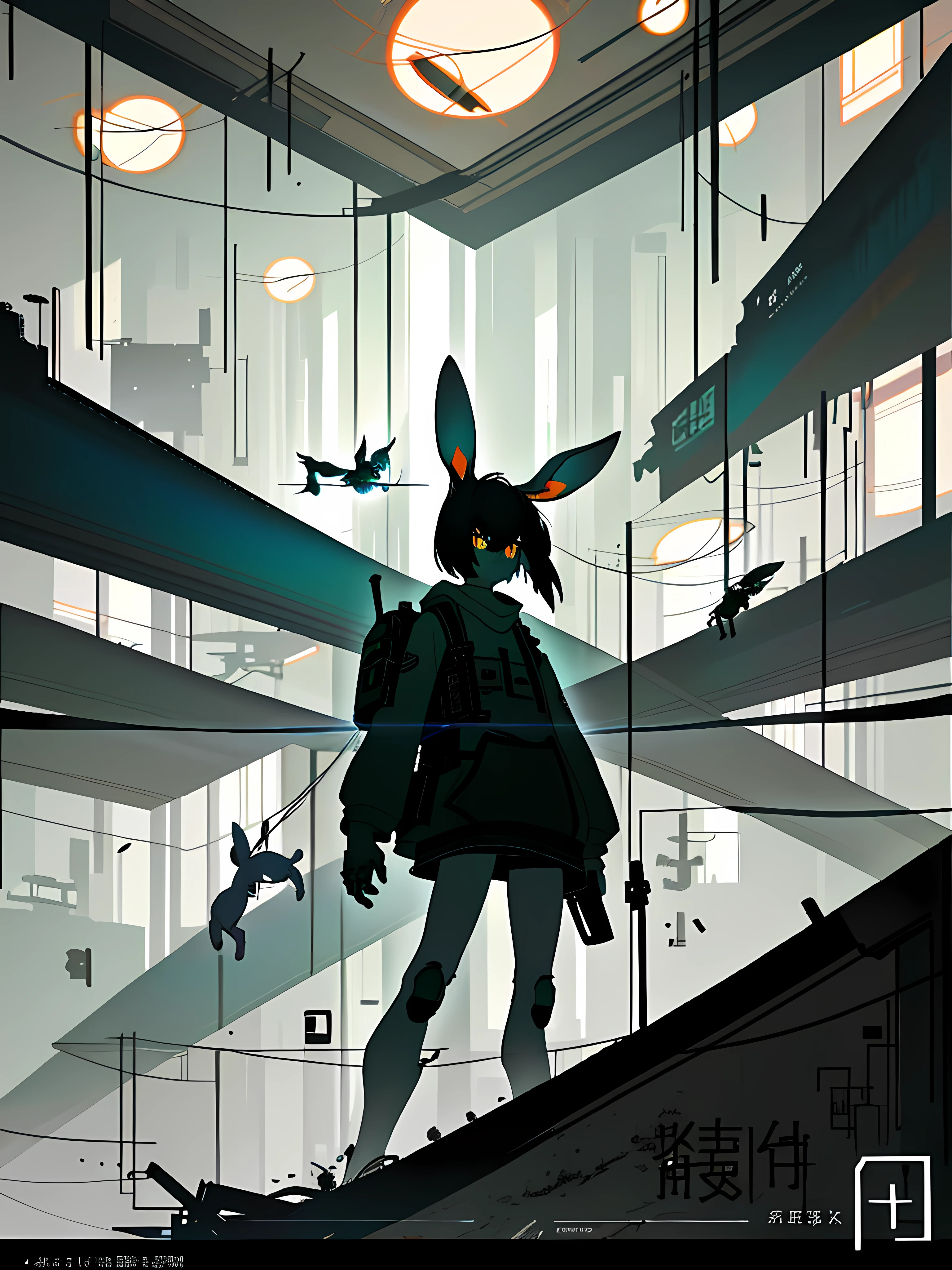 (blame! style abandoned tech landscape), (Zen, Amy Sol style), (underground, dark, foggy, perilous, abandoned dystopian apartment bedroom, deep windows), (abstract anthro rabbit figure wearing bunny ears), cover art with light abstraction, abstract, simple vector art, contemporary Cybernetic art, color gradients, soft color palettes, layered forms, whimsical animation, style Ethereal abstract, 4K, --v6