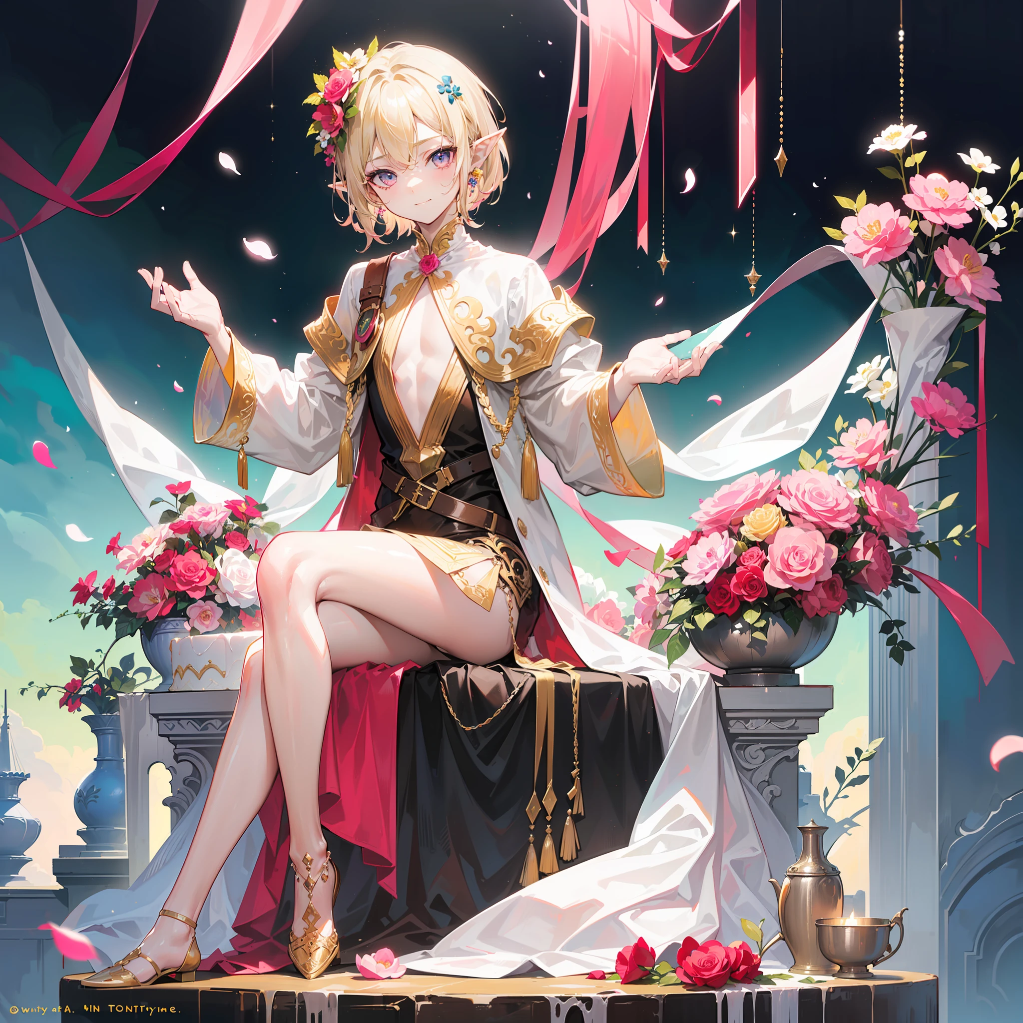 young man, twink, (((male))), (((man))), (((one person))), single, solo, (((very light blonde hair))), (((pink colored eyes))), (medium short hair), (chin-length hair), wavy hair, slim body, ((flat chest)), (((fantasy style))), (((wearing flowers in his hair))), flowercrown, ((pointy ears)), (((light pink colored eyes))), smooth skin, (((wearing fantasy clothes))), smiling, (((sitting on a gigantic cake))), (((like a cake topper))), ((sitting on a huge cake))