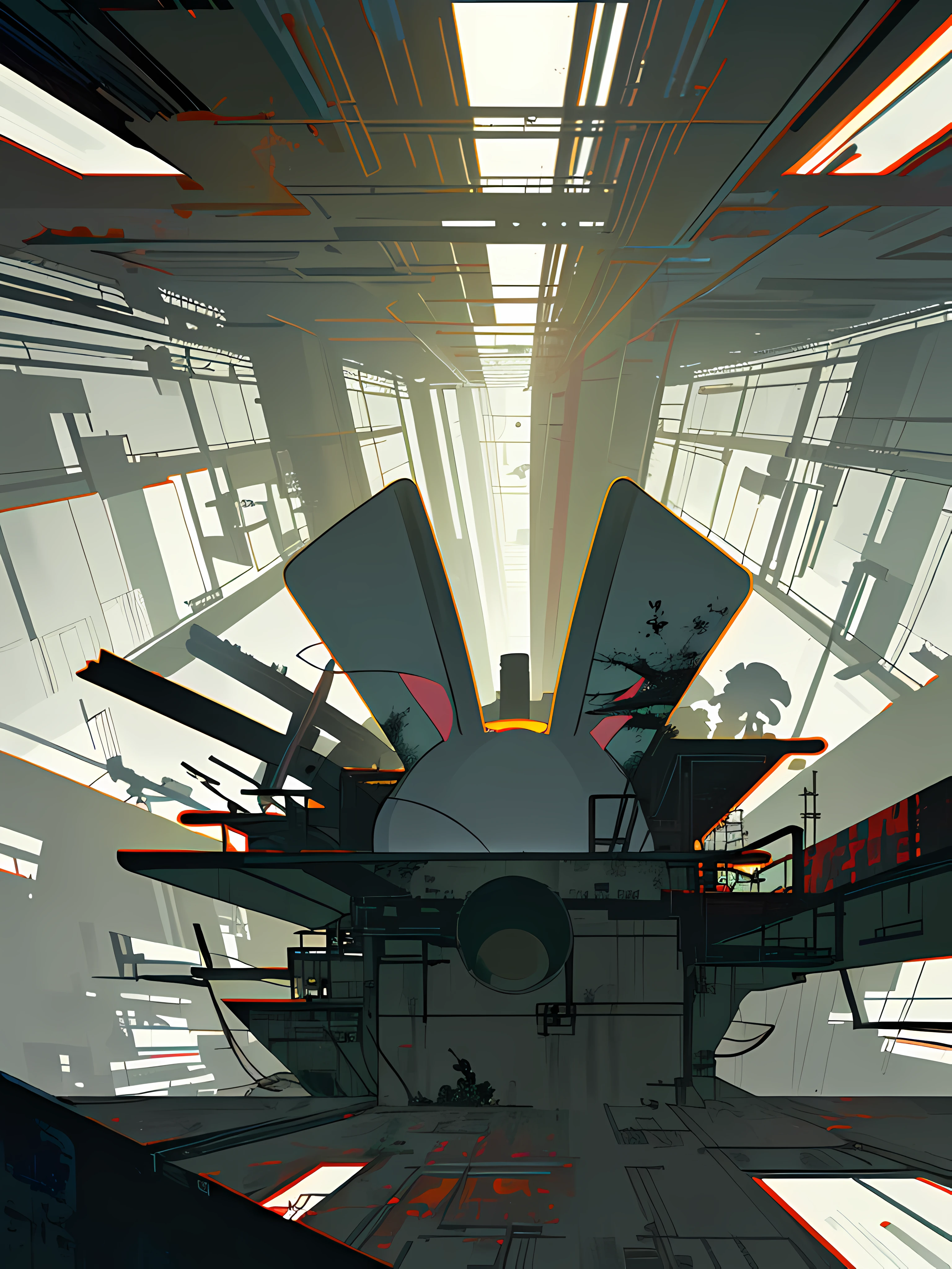 (blame! style abandoned tech landscape), (Zen, Amy Sol style), (underground, dark, foggy, perilous, abandoned dystopian apartment bedroom, deep windows), (abstract anthro rabbit figure wearing bunny ears), cover art with light abstraction, abstract, simple vector art, contemporary Cybernetic art, color gradients, soft color palettes, layered forms, whimsical animation, style Ethereal abstract, 4K, --v6