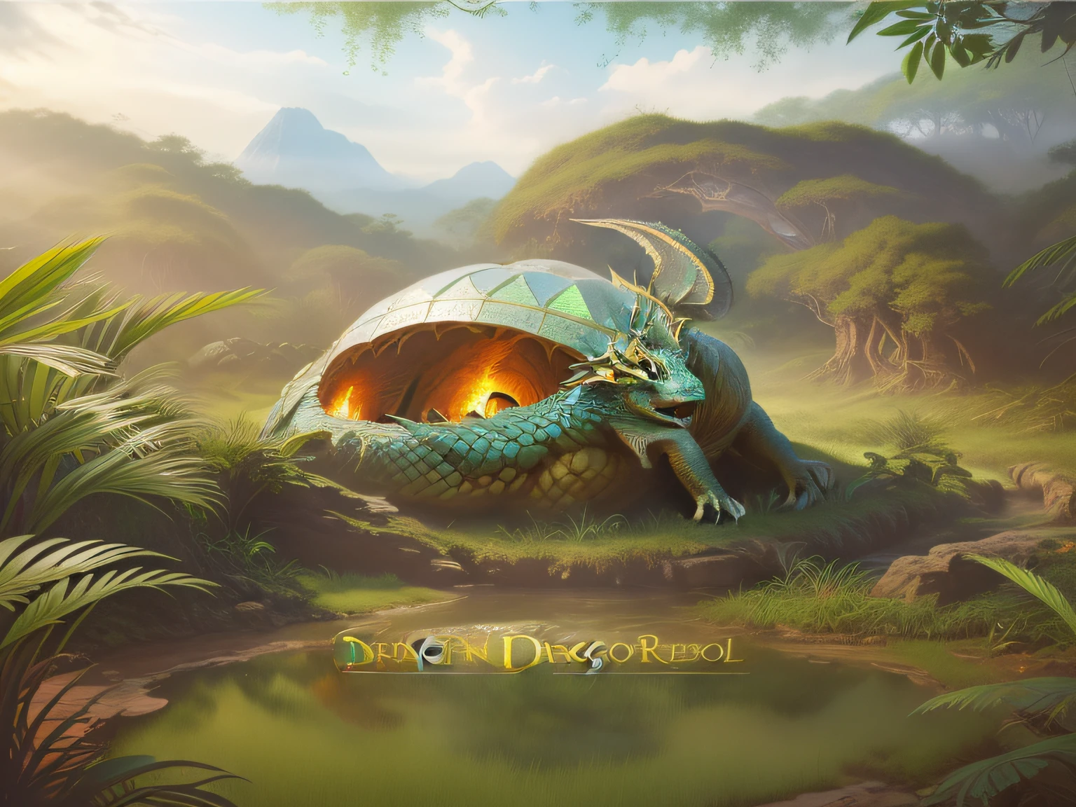 Close-up of the dome poster in the jungle, Realistic fantasy illustration, newly hatched dragon, inspired by Bob Eggleton, he has a big egg, Dragon eggs, detailed game art illustration, Cute detailed digital art, Ancient art, detailed fantasy digital art, 3 d epic illustrations, concept art digital illustration, highly detailed digital painting, Detailed digital 3D art