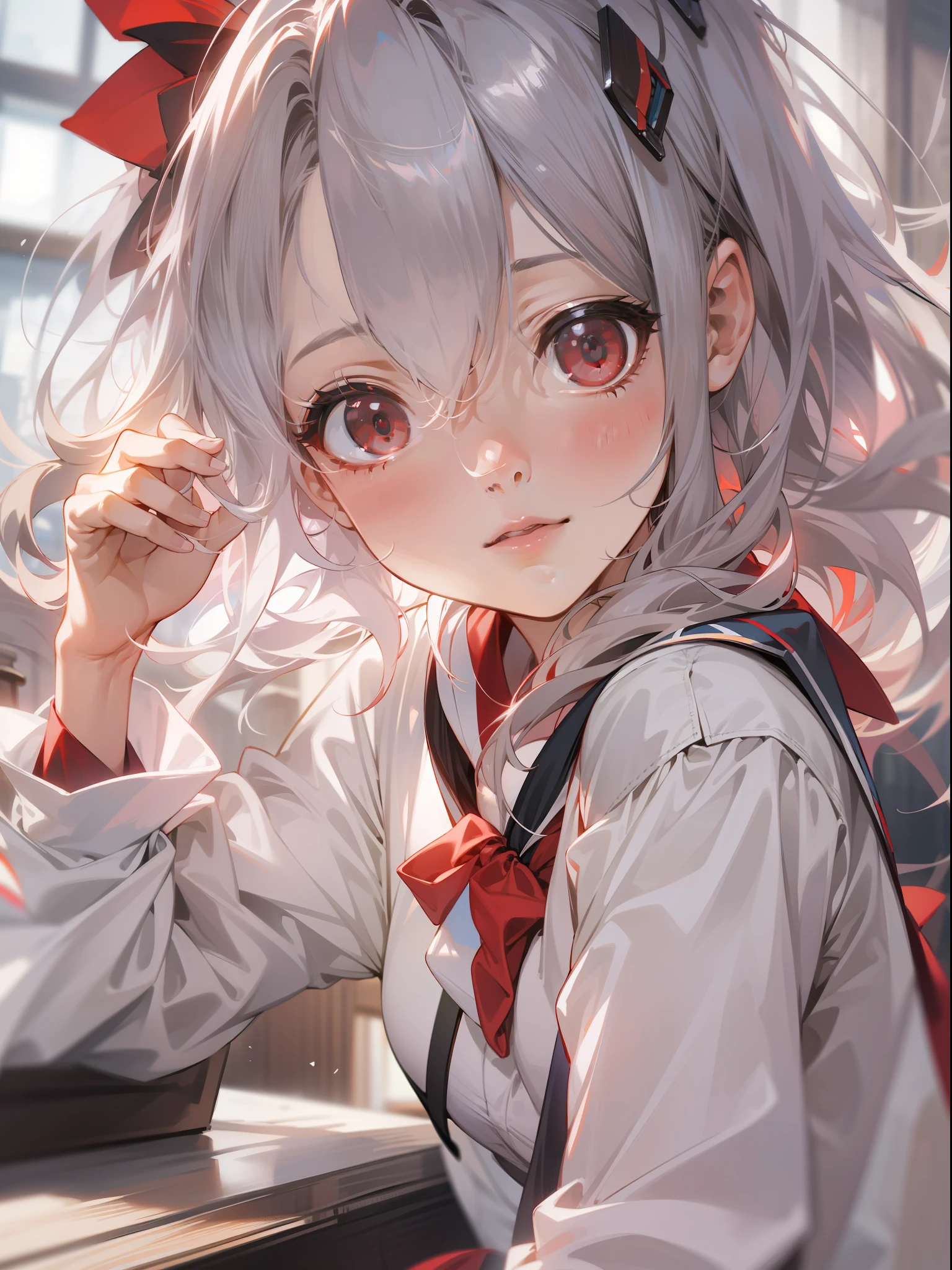 CG Unity 8K wallpaper with the best picture quality and ultra-detail、tmasterpiece),Floating、A high resolution、dynamic angle、Dynamic pose、A young girl、Silvery hair(1.3)、red color eyes、Morbidly cute、Japanese Student Uniform