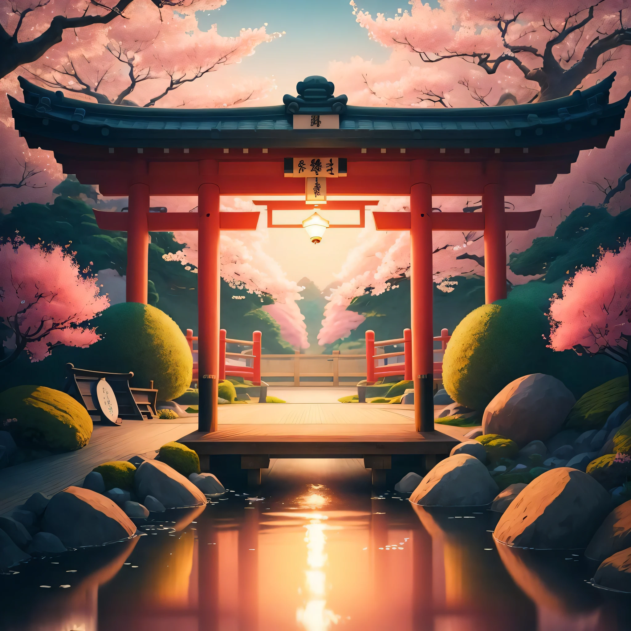 (digital painting),(best quality), serene Japanese garden, cherry blossoms in full bloom, koi pond, footbridge, pagoda, Ukiyo-e art style, Hokusai inspiration, Deviant Art popular, 8k ultra-realistic, pastel color scheme, soft lighting, golden hour, tranquil atmosphere, landscape orientation