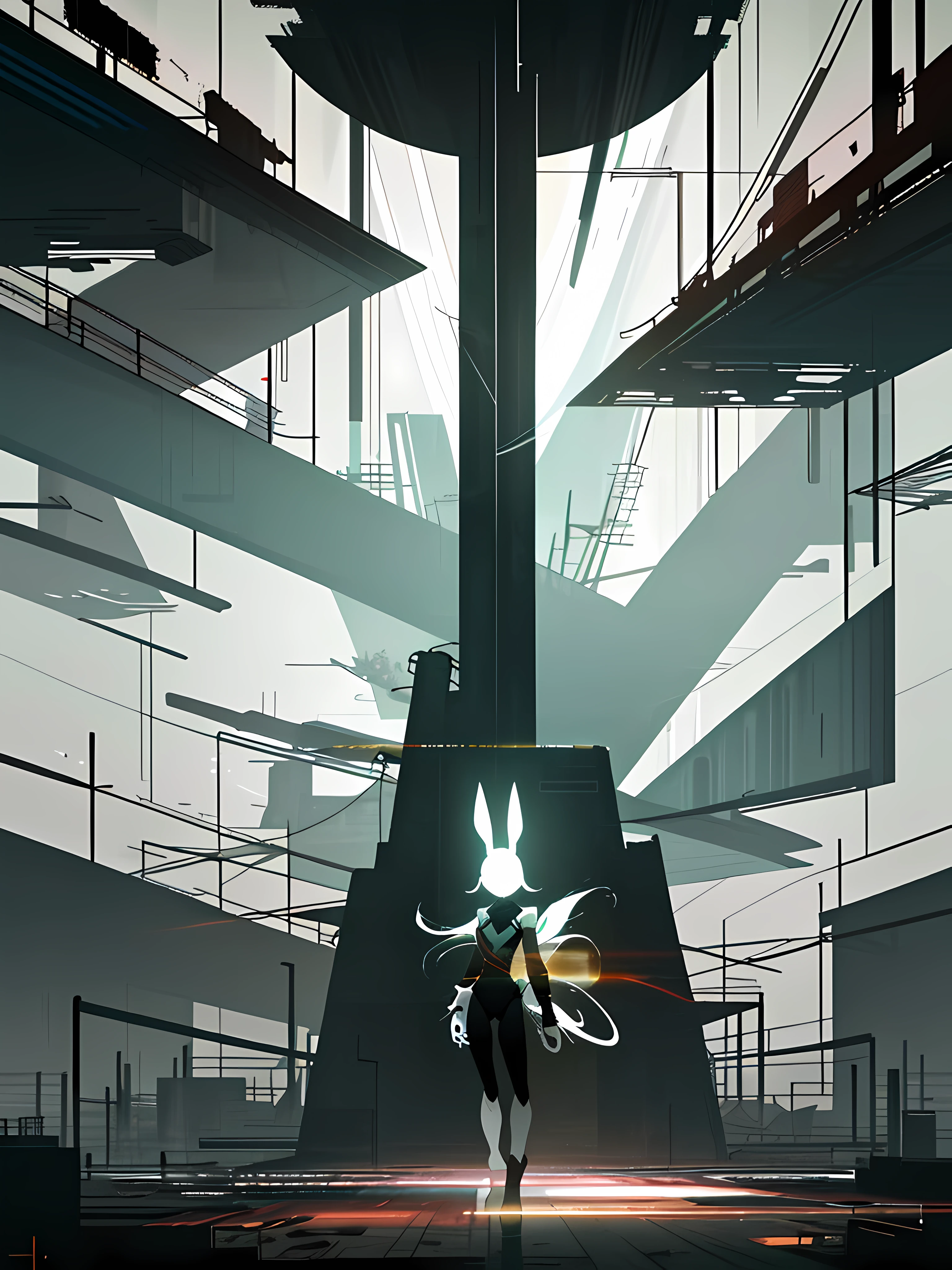 (blame! style abandoned tech landscape), (Zen, Amy Sol style), (underground, dark, foggy, perilous, abandoned dystopian apartment bedroom, deep windows), (abstract anthro rabbit figure wearing bunny ears), cover art with light abstraction, abstract, simple vector art, contemporary Cybernetic art, color gradients, soft color palettes, layered forms, whimsical animation, style Ethereal abstract, 4K, --v6