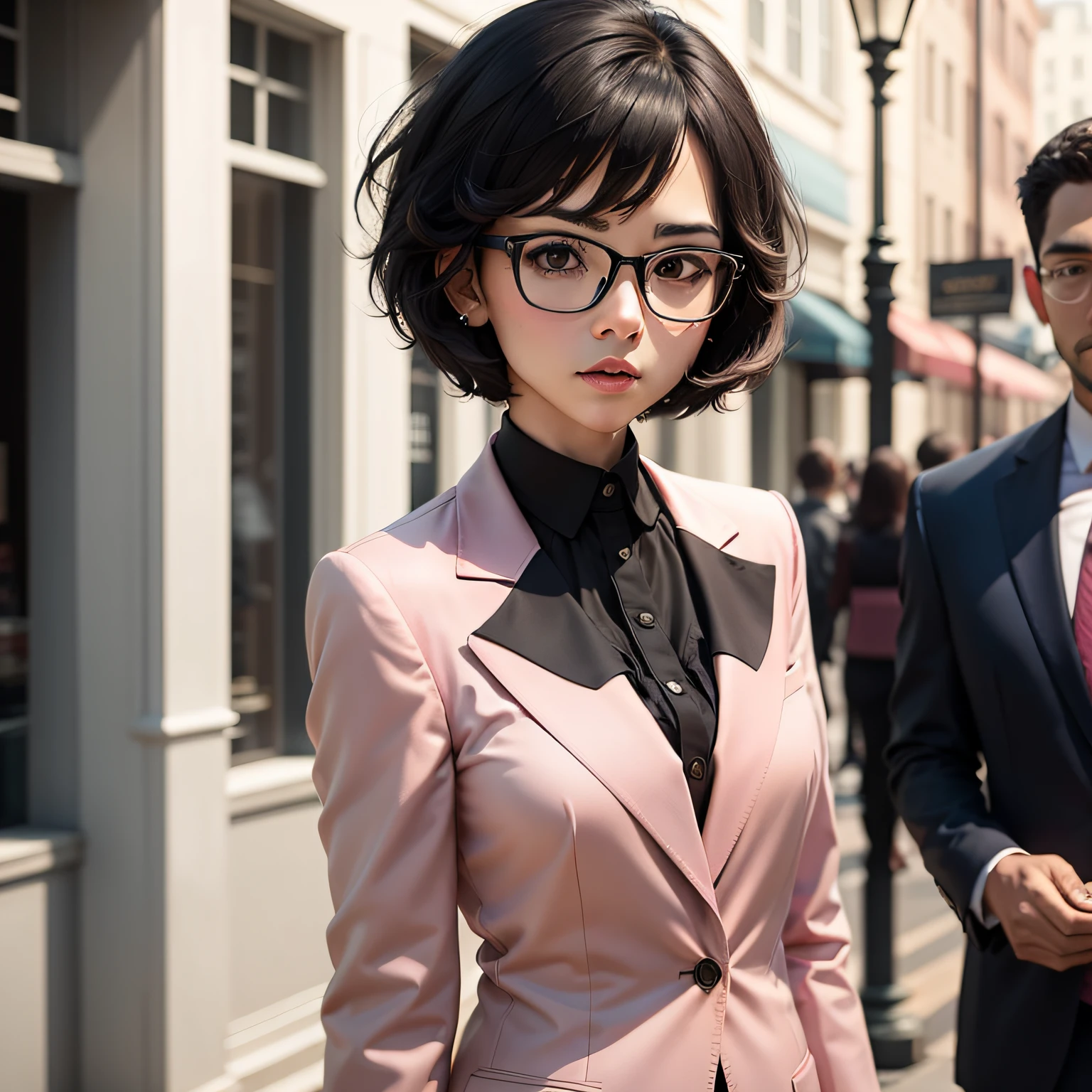 Live-action style of career woman wearing short black hair glasses and pink suit