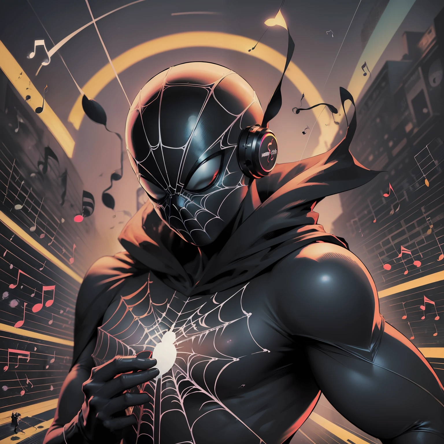 ((Black Spider)), ((aura around him)), (((((music in the air)))), ((((minimalist)))), (((comic book style))), hd image, vivid colors