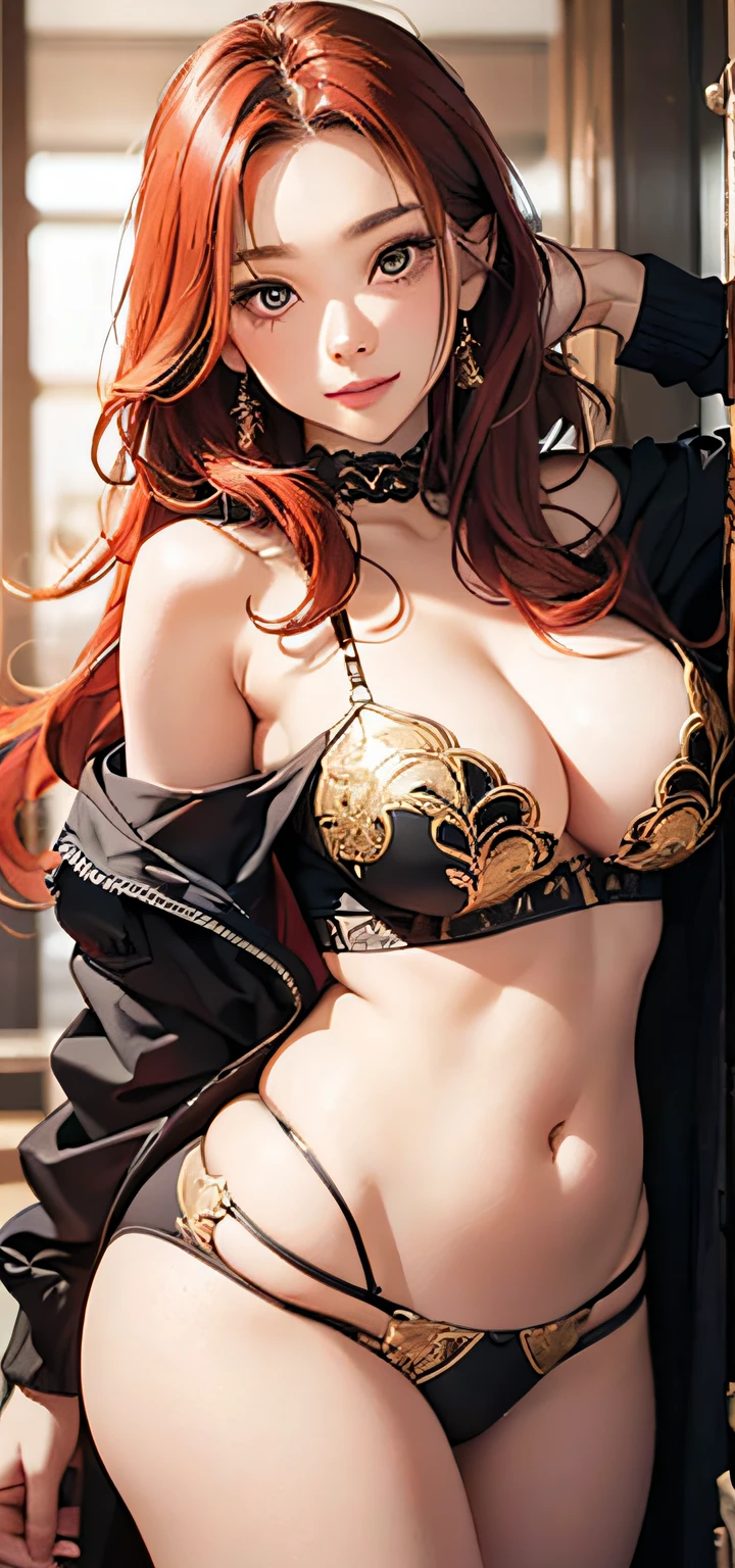 (Best Quality, masterpiece1.2), (detailed eye:1.2), intricate detials, Depth of field, 1girl, Standing, Smile, blusher, red hair, hairlong, braided, golden eyes, multicolored background, looks at the viewer, exteriors, 独奏, upper-body, winning, clean, beatiful face, Face Clean, pale skin, sexypose,(( topic , off-shoulder, bellybutton, briefs)), hairlong, ((perfect female figure)) Jisoo, seductive, Very detailed,