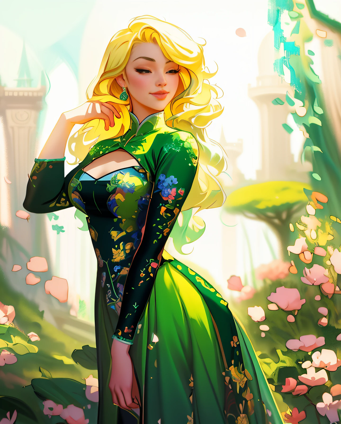 araffe woman in a green dress posing in a garden, ross tran style, beautiful character painting, in the style of ross tran, fantasy art style, stunning character art, ross tran 8 k, blonde - haired princess, disney art style, by Ross Tran, inspired by Ross Tran, beautiful digital artwork, fantasy style art, loish and ross tran