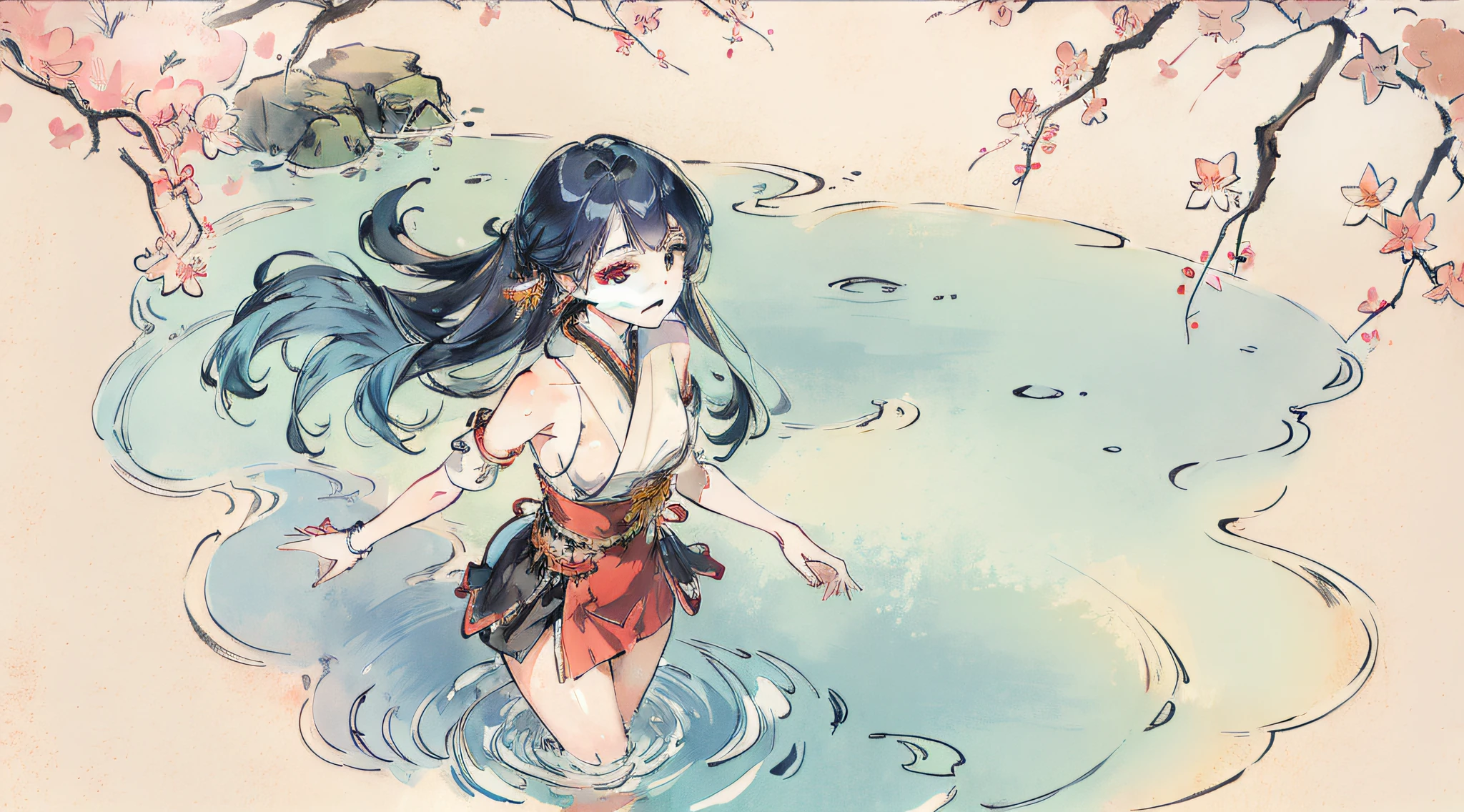 ((4k, masterpiece, best quality)), Shuimovi Sim, traditional Japan ink painting, lotus, han dress, maxi skirt, one girl to dress modestly, solo, long blue hair, smile, standing, feet in the water, barefoot,
