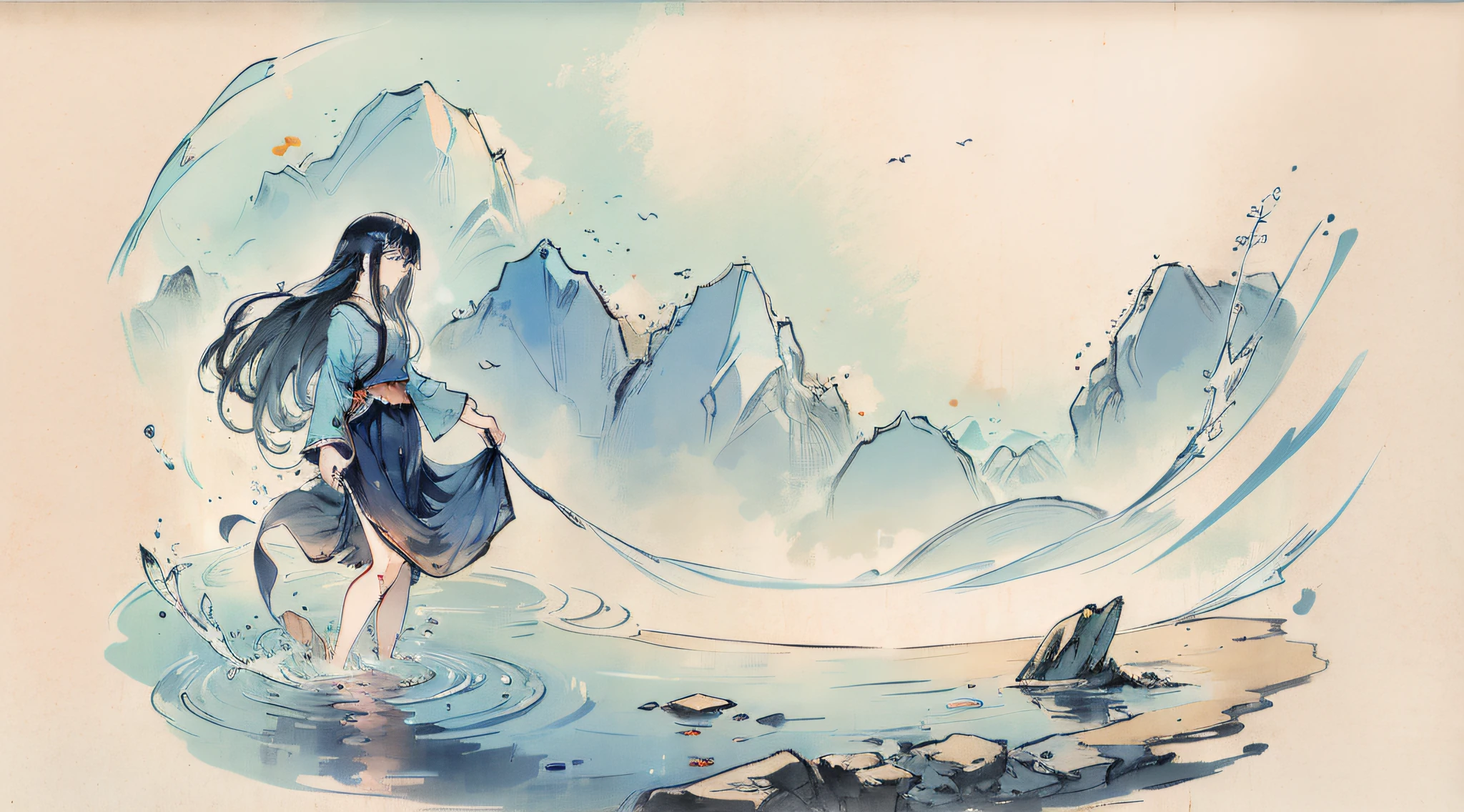 ((4k, masterpiece, best quality)), Shuimovi Sim, traditional Japan ink painting, lotus, han dress, maxi skirt, one girl to dress modestly, solo, long blue hair, smile, standing, feet in the water, barefoot,