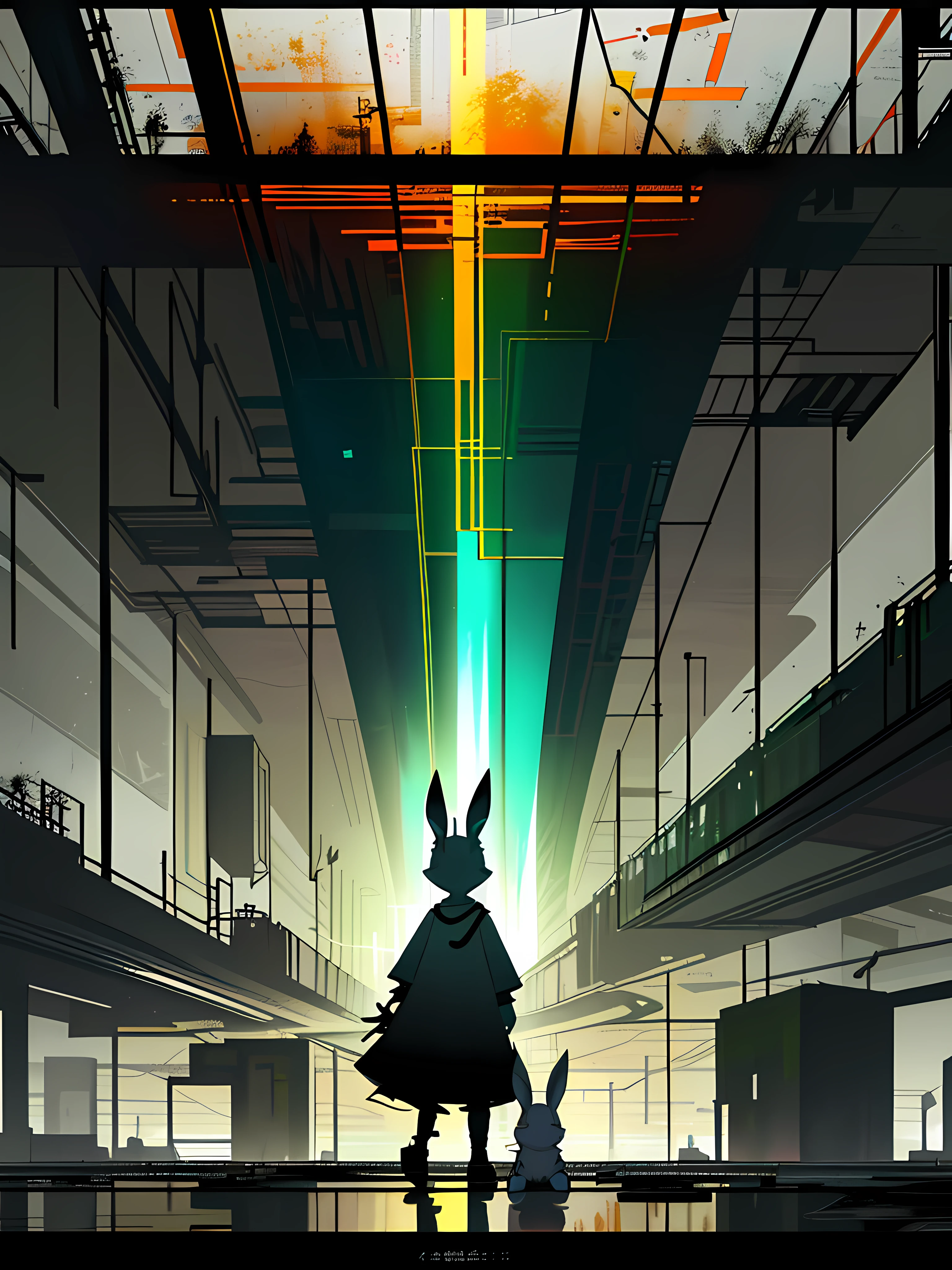 (blame! style abandoned tech landscape), (Zen, Amy Sol style), (underground, dark, foggy, perilous, abandoned dystopian apartment bedroom, deep windows), (abstract anthro rabbit figure wearing bunny ears), cover art with light abstraction, abstract, simple vector art, contemporary Cybernetic art, color gradients, soft color palettes, layered forms, whimsical animation, style Ethereal abstract, 4K, --v6
