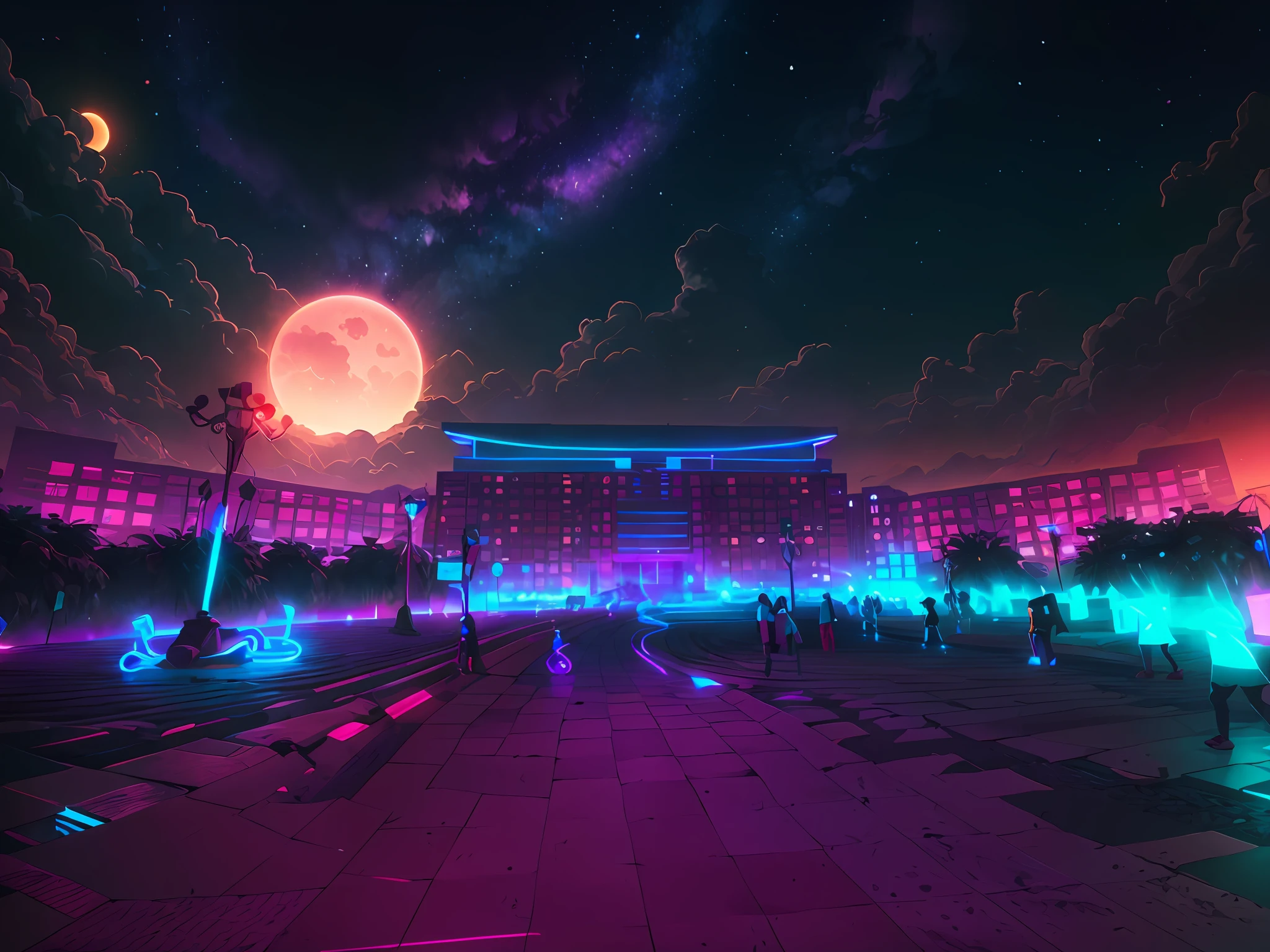 retrowave。城市， wide body kit， pathway， PURPLE NEON MONITOR LIGHT， suns， mont，
（tmasterpiece，A detailed，A high resolution），