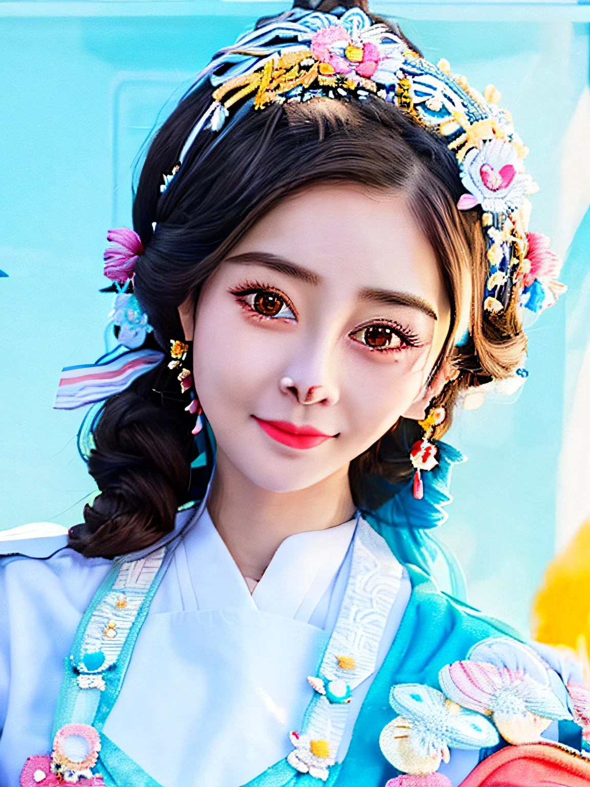 There was a woman with a headdress on her head, Kawaii realistic portrait, Ruan cute vtuber, belle delphine, dilraba dilmurat, Guviz, Cute natural anime face, Chinese girl, with cute - fine - face, Inspired by Huang Ji, 8k selfie photograph, Guviz-style artwork