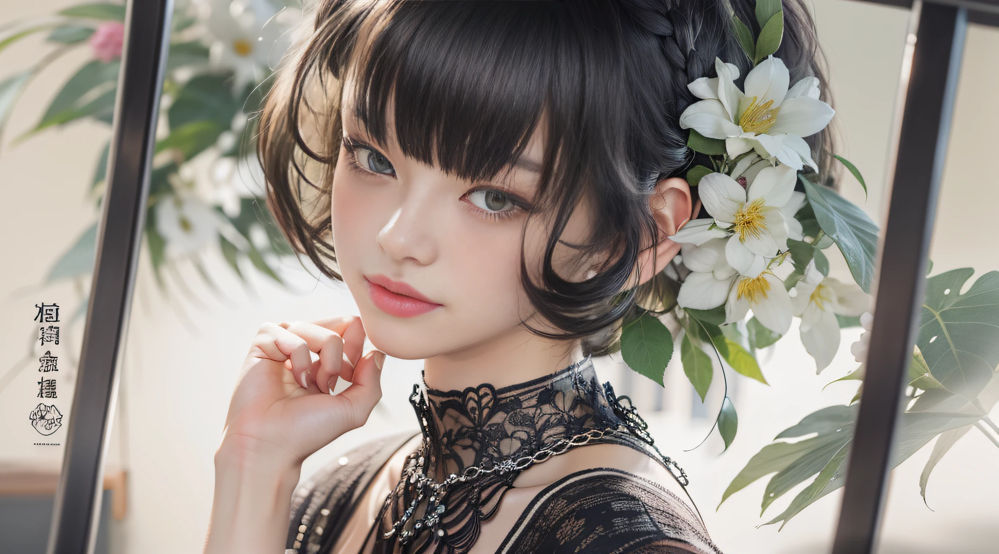 Exquisite facial features,long eyelasher,choker necklace,Leg warming socks,Arm out,ink and watercolor painting,Works of masters,Best image quality,Higher quality,high detal,(超高分辨率),8K分辨率,Realistic portraits,Serious,braidedbangs,Dark, shiny hair,s the perfect face,Glowing skin,Dancer,Sparkling pupils,Clear jacket,hot pant,Bare shoulders,sitting sideways,浴室,Dingdall effect,Cinematic lighting,Contour light,Flowers method