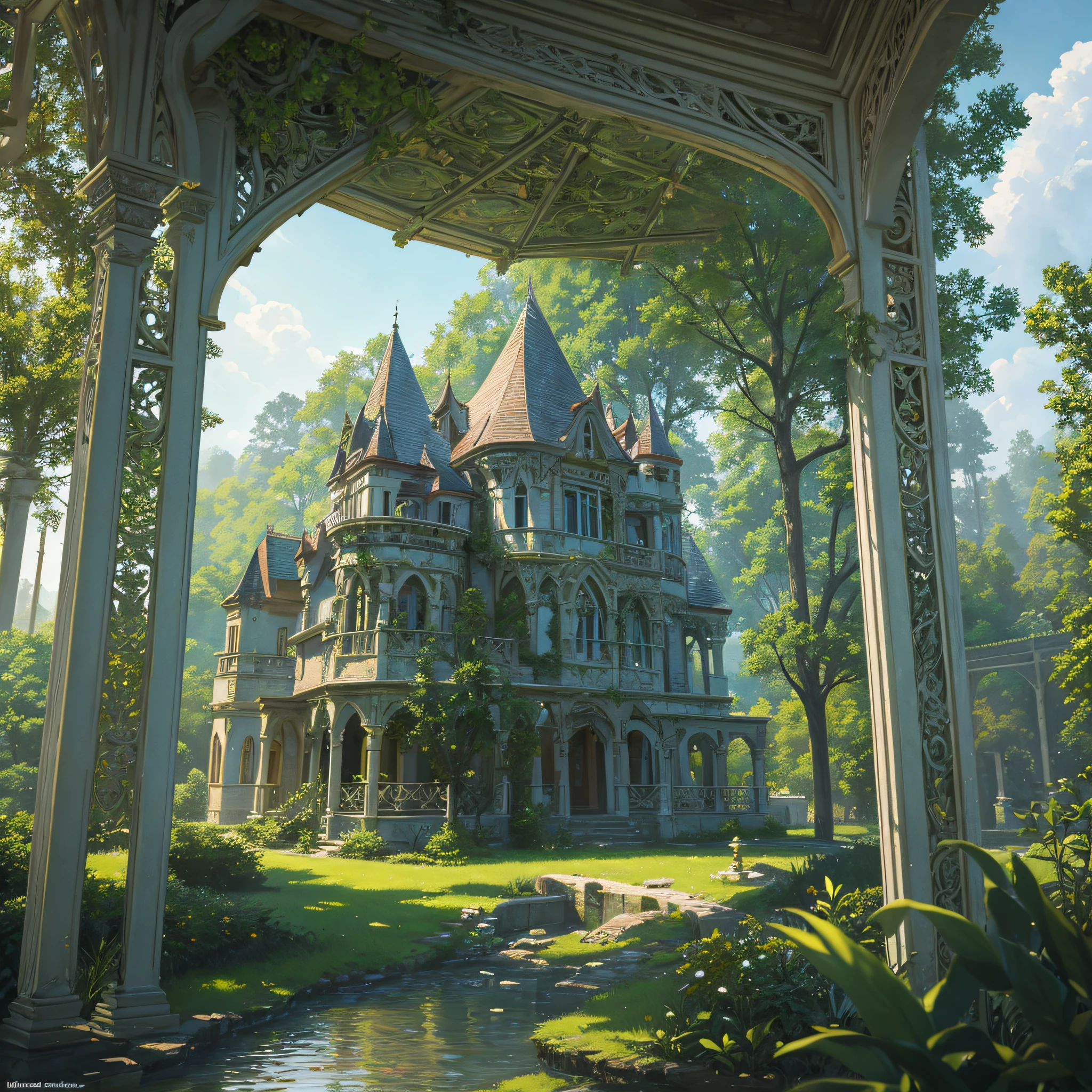 Old painting style, Abandoned overgrown castle mansion in the forest, Supersaturation, princess tower, gazebo, Balcony, Colorful, Highly detailed, high resolution, ray-traced reflection, Dramatic lighting, 8k vibrant colours, Detailed acrylic, intricate complexity, soft natural volumetric cinematic perfect light, Oil painting