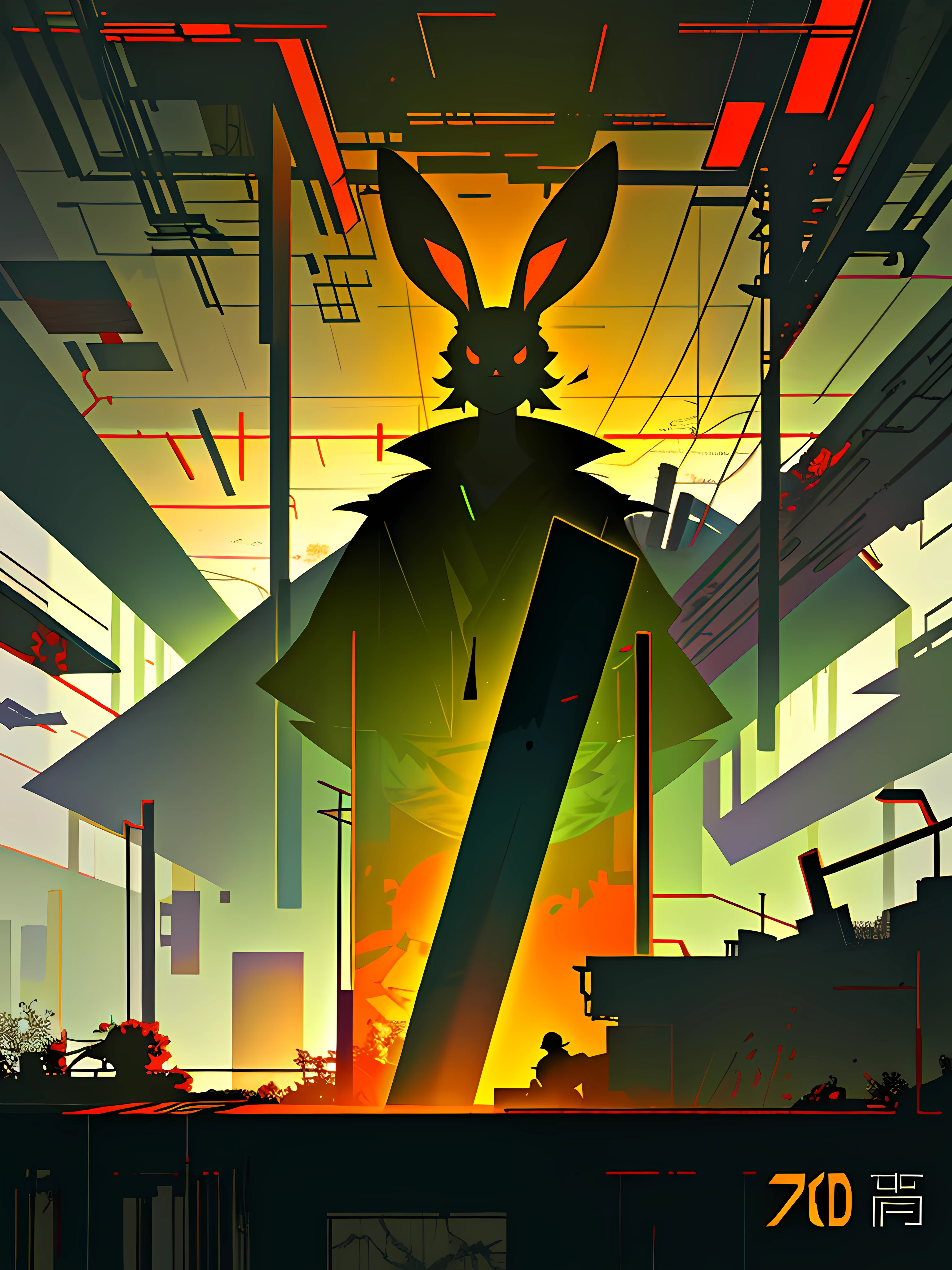 (blame! style abandoned tech landscape), (Zen, Amy Sol style), (underground, dark, foggy, perilous, abandoned dystopian apartment bedroom, deep windows), (abstract anthro rabbit figure wearing bunny ears), cover art with light abstraction, abstract, simple vector art, contemporary Cybernetic art, color gradients, soft color palettes, layered forms, whimsical animation, style Ethereal abstract, 4K, --v6