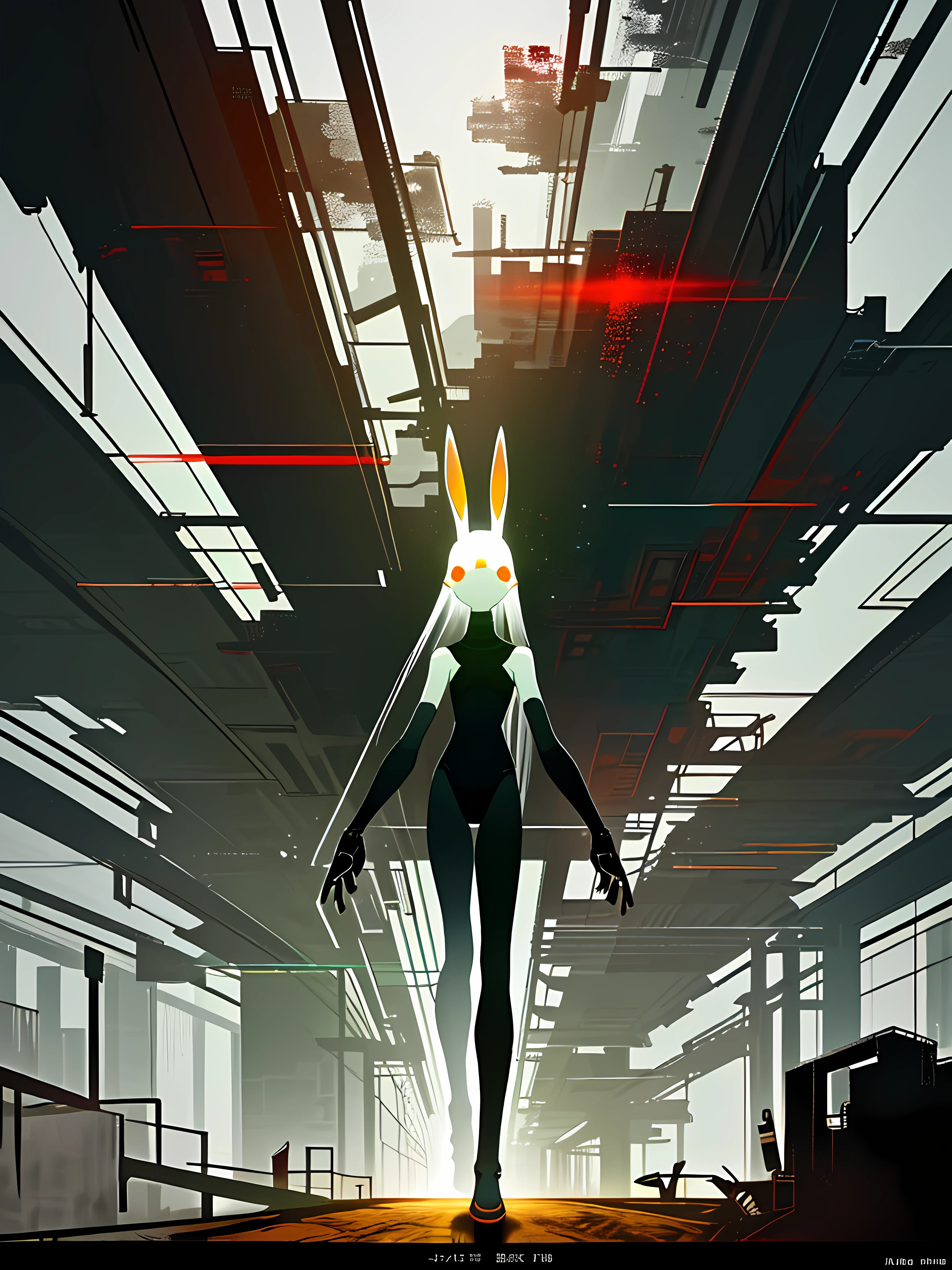 (blame! style abandoned tech landscape), (Zen, Amy Sol style), (underground, dark, foggy, perilous, abandoned dystopian apartment bedroom, deep windows), (abstract anthro rabbit figure wearing bunny ears), cover art with light abstraction, abstract, simple vector art, contemporary Cybernetic art, color gradients, soft color palettes, layered forms, whimsical animation, style Ethereal abstract, 4K, --v6