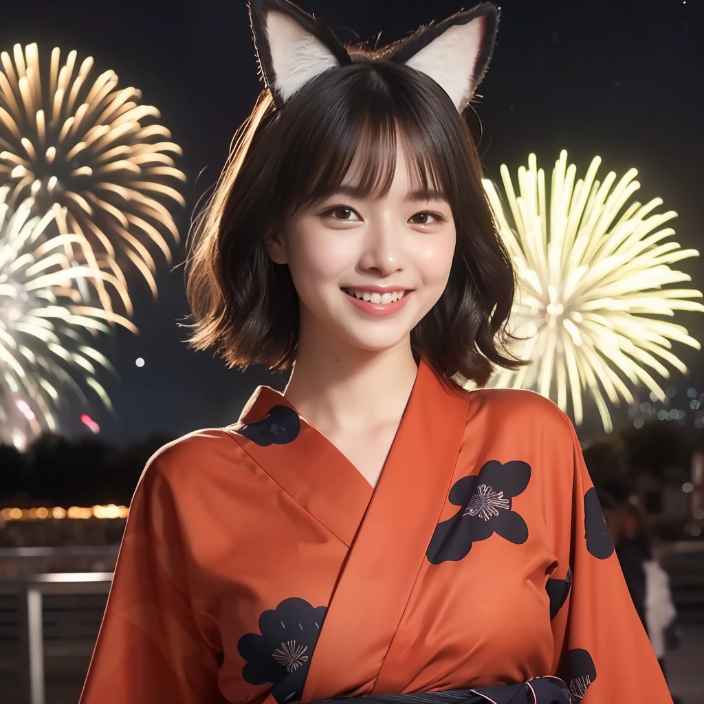 (strolling through the cityscape of the fireworks display:1.2), Food Food, (Red Colorful Yukata:1.3), Kemono Ears, Middle Chest, Smile, Blushing,(Perfect Body:1.1)、(Short Wavy Hair:1.2)Full Body Shot,(Very Elaborate CG 8K Wallpaper),(Very Delicate and Beautiful)(Masterpiece)(Best Quality):1.0),(Ultra High Definition:1.0),[High Definition],Detailed Skins, ultra detailed ((colorful)),