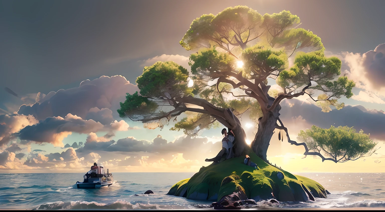 （Immersive lenses：1.4），（super wide shot：1.3），the ocean，Small island，The tree，（the setting sun），（surrounded by cloud），(Photorealistic:1.4), (Masterpiece, side-lighting,), Photorealsitic， Solo, embarressed, (midriff),（super-fine），Detailed pubic hair，Accurate，（Works of masters），（best qualtiy），8K分辨率