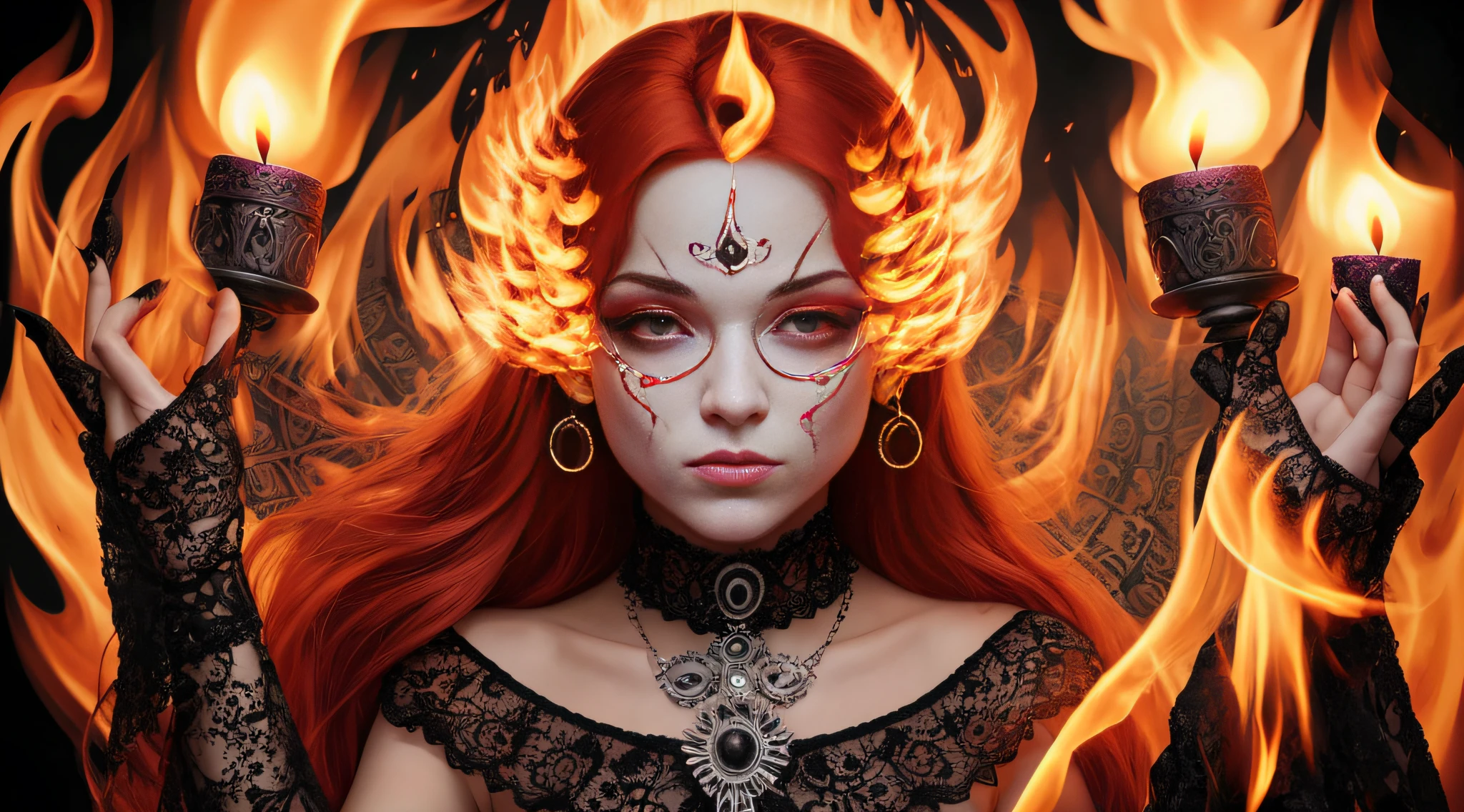 there are four pictures of a girl with red hair and a candle, holy flame spell, scary horrifying satanic rituals, flame conjuring, casting a flame spell, usando chamas tumultuosas, !5 three eyed goddesses, burning hands, casting fire spell, the 5 th element, Directed by: Bernardino Maio, todo o rosto coberto com um fogo, inspirado em Gottfried Helnwein