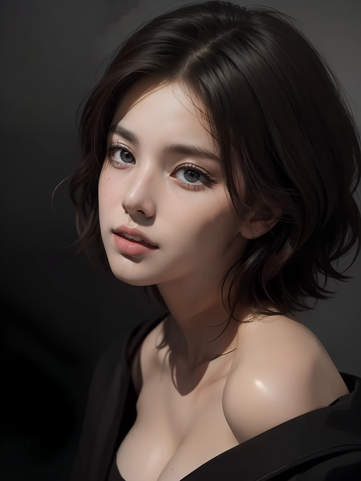 Best quality, masterpiece, ultra high res, (photorealistic:1.5), raw photo, 1girl, offshoulder, in the dark, deep shadow, low key, cold light, sexy look, short hair