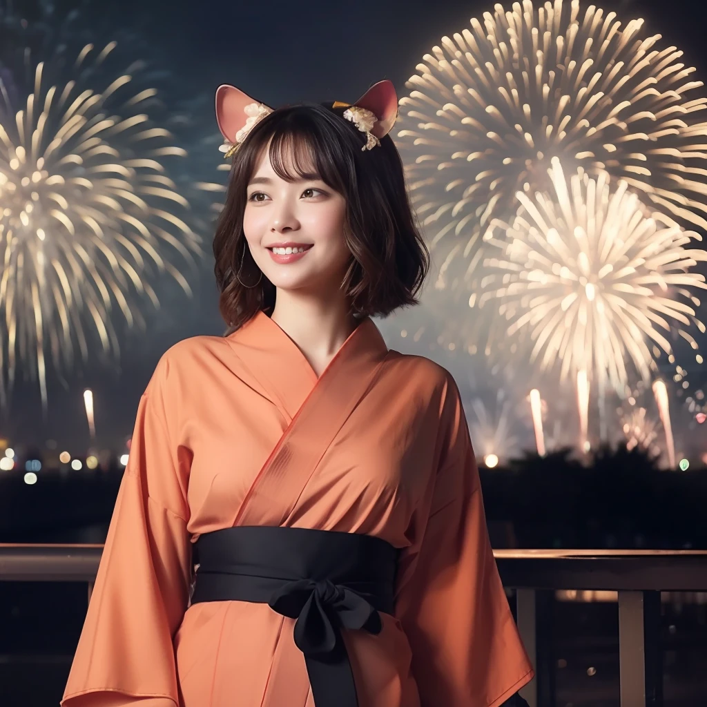 (strolling through the cityscape of the fireworks display:1.2), Food Food, (Red Colorful Yukata:1.3), Kemono Ears, Middle Chest, Smile, Blushing,(Perfect Body:1.1)、(Short Wavy Hair:1.2)Full Body Shot,(Very Elaborate CG 8K Wallpaper),(Very Delicate and Beautiful)(Masterpiece)(Best Quality):1.0),(Ultra High Definition:1.0),[High Definition],Detailed Skins, ultra detailed ((colorful)),