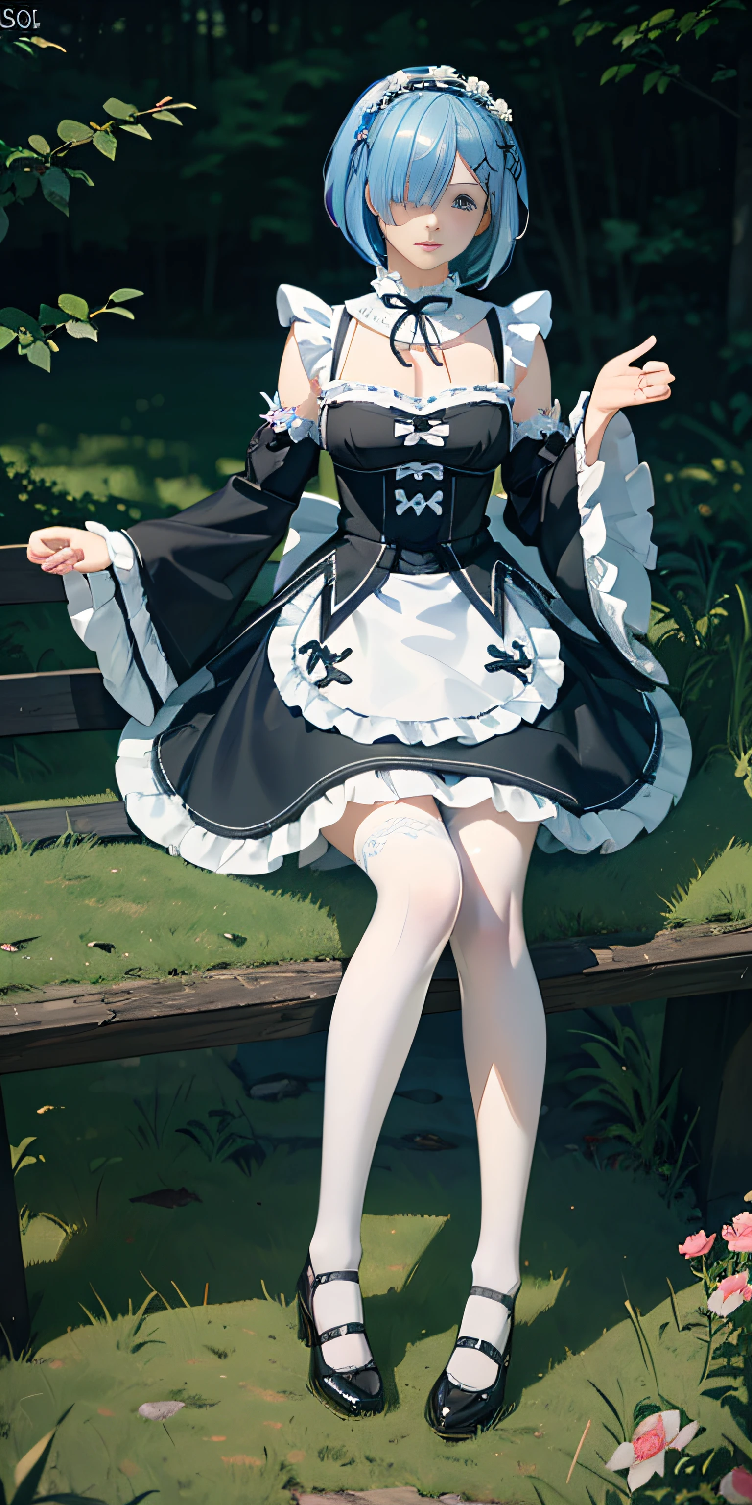 Ram, 1girl,(beautiful face:1.25) short blue hair, blue eyes, hair over one eye, hair ornament, blue hair ribbon, ram's maid uniform, detached sleeves, white lace legwear, black shoes, (realistic:1.7),((best quality)),absurdres,(ultra high res),(photorealistic:1.6),photorealistic,octane render,(hyperrealistic:1.2), (photorealistic face:1.2), (8k), (4k), (Masterpiece),(realistic skin texture), (illustration, cinematic lighting,wallpaper),( beautiful eyes:1.2),((((perfect face)))),(cute),(standing),((looking at viewer)),(dynamic pose:1.3), full body, sitting on the bench, outdoors, park, lawn, flowers, path, castle, lake, station