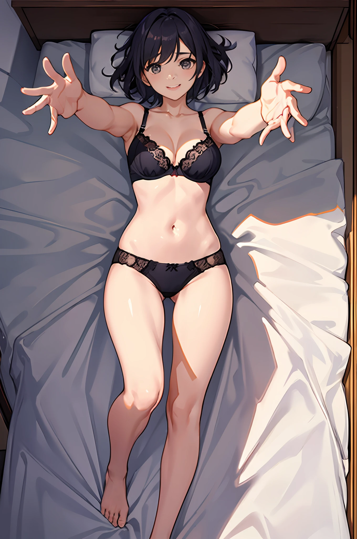 masterpiece、top-quality、hight resolution、独奏、Colossal tits、in a house、Misaligned bra、T back、(Reaching: 1.2)、(M-shaped legs)、sprawl、From above、Short-cut hair、Outstretched arms、A smile、a bed、Disheveled underwear、Rough breath、sexual expressionsinvite