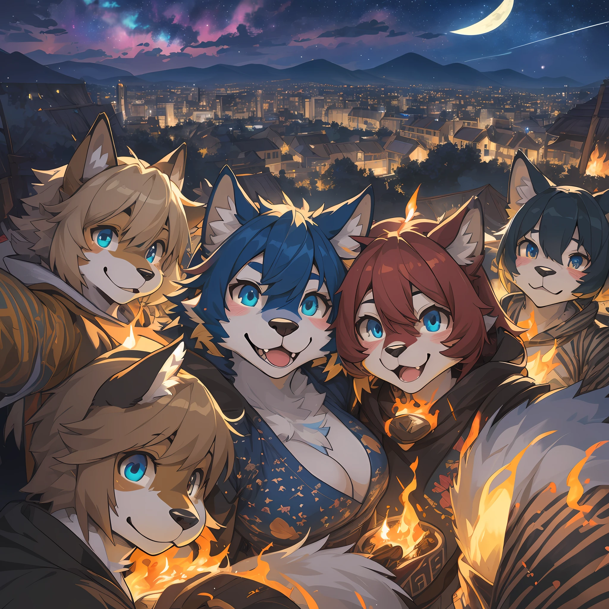 top quality, best quality, High-quality illustrations, masterpiece, super high resolution, detailed background, Crowded cityscape, group shot, 6+boys, 6+girls, camp-fire, night sky, absurdres(highly detailed beautiful face and eyes)perfect anatomy(Photo of family trip)(kemono, furry anthro)selfie,