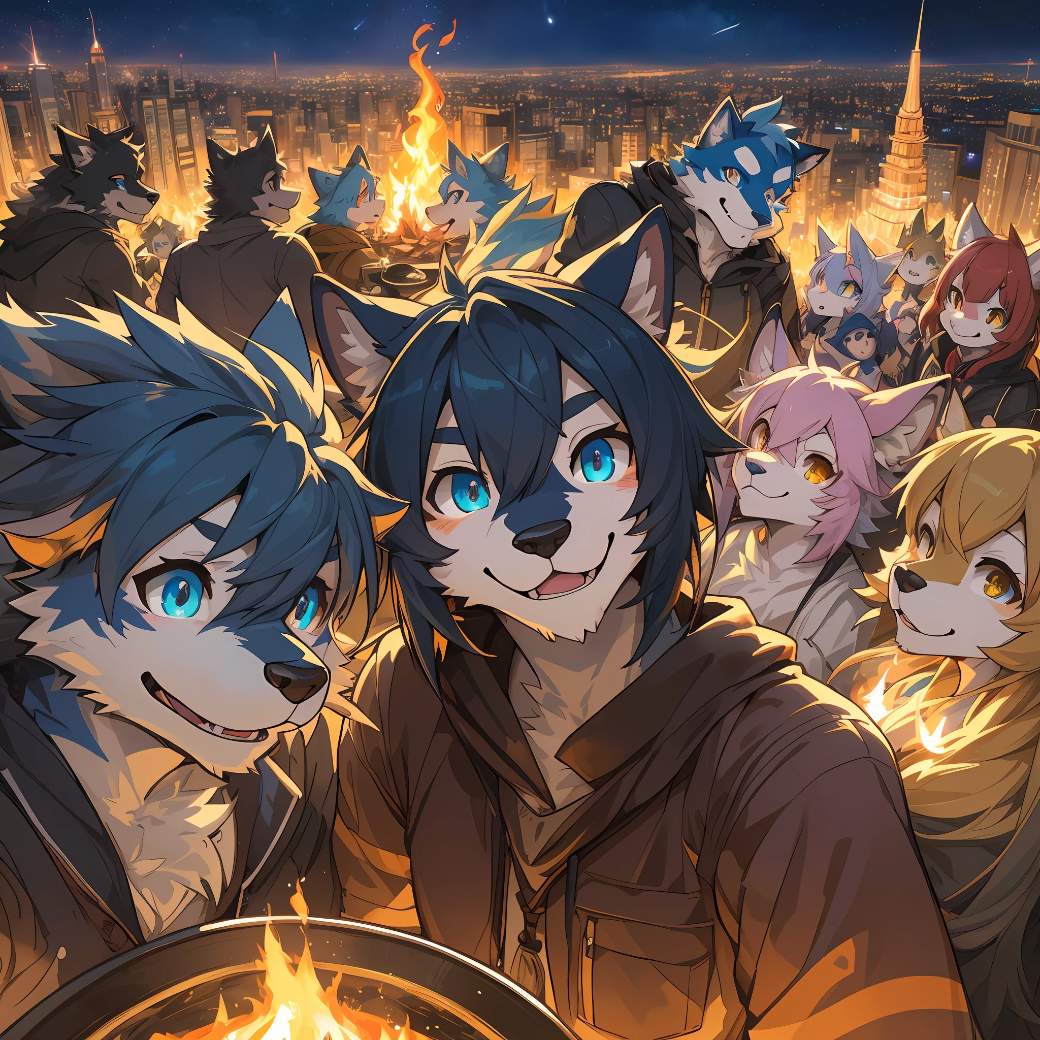 top quality, best quality, High-quality illustrations, masterpiece, super high resolution, detailed background, Crowded cityscape, group shot, 6+boys, 6+girls, camp-fire, night sky, absurdres(highly detailed beautiful face and eyes)perfect anatomy(Photo of family trip)(kemono, furry anthro)selfie,