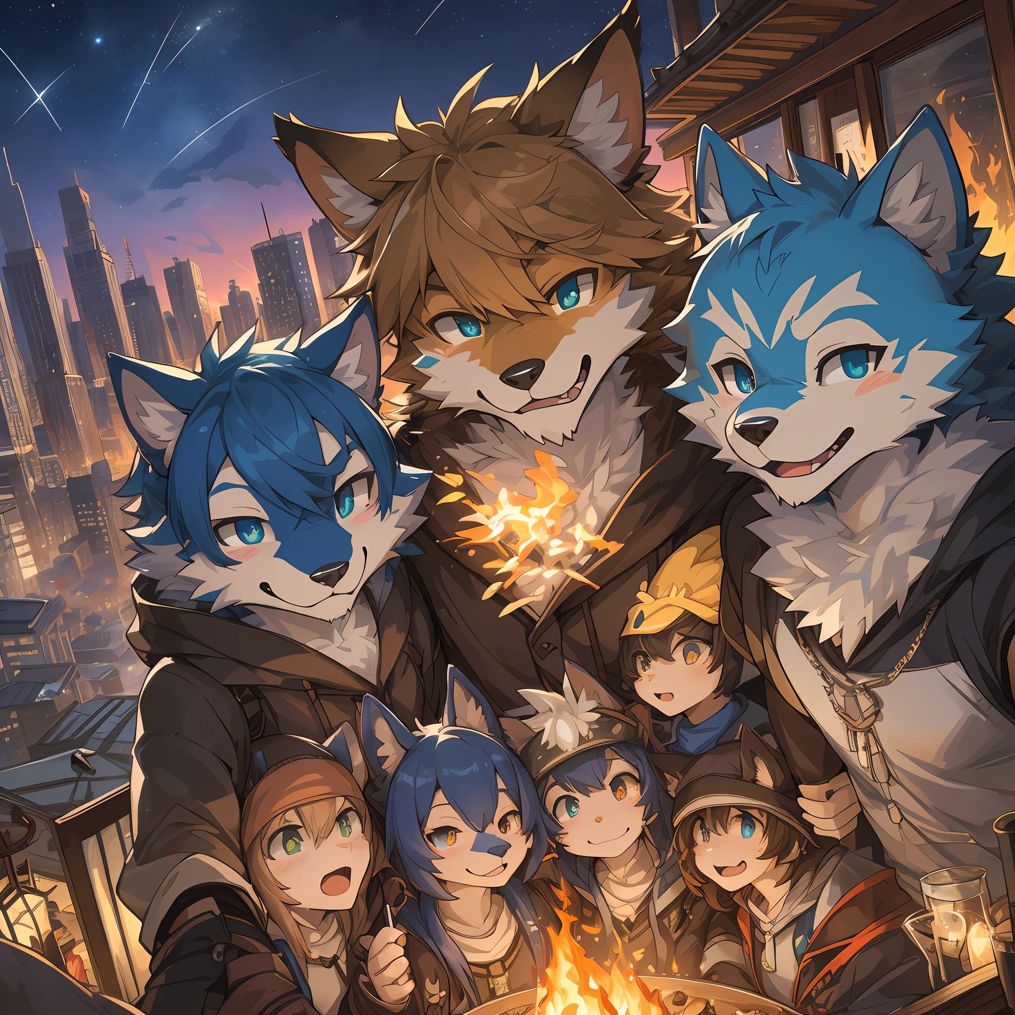 top quality, best quality, High-quality illustrations, masterpiece, super high resolution, detailed background, Crowded cityscape, group shot, 6+boys, 6+girls, camp-fire, night sky, absurdres(highly detailed beautiful face and eyes)perfect anatomy(Photo of family trip)(kemono, furry anthro)selfie,