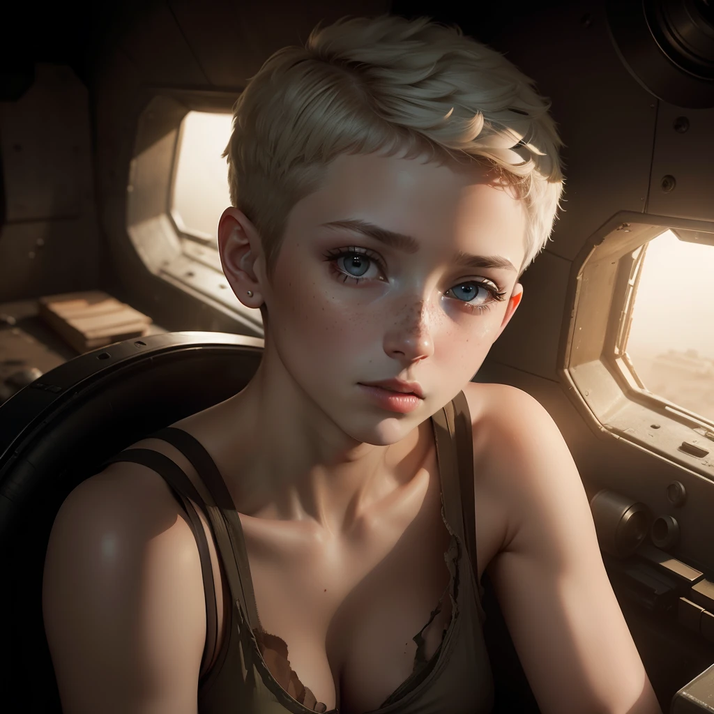 Highest quality, (dramatic lighting:0.7), masterpiece, high angle shot, RAW photo of (pale 21 year old woman with short hair, looking up at the viewer), cute, (wearing Tattered combat fatigues, Disheveled), (sitting inside a tank), portrait, perfect face, alluring eyes, vivid detail, (highly detailed skin), freckles, sfw, (blue tint:0.6), (dirty:0.8), (bloody:0.7), key lighting, (backlighting:0.5), medium depth of field, photographed on a Canon 5D, 50mm lens, F/4 aperture, (hyperdetailed, intricate details), sharp focus, muted colors, 8k, absurdres, 8mm film grain, war photography