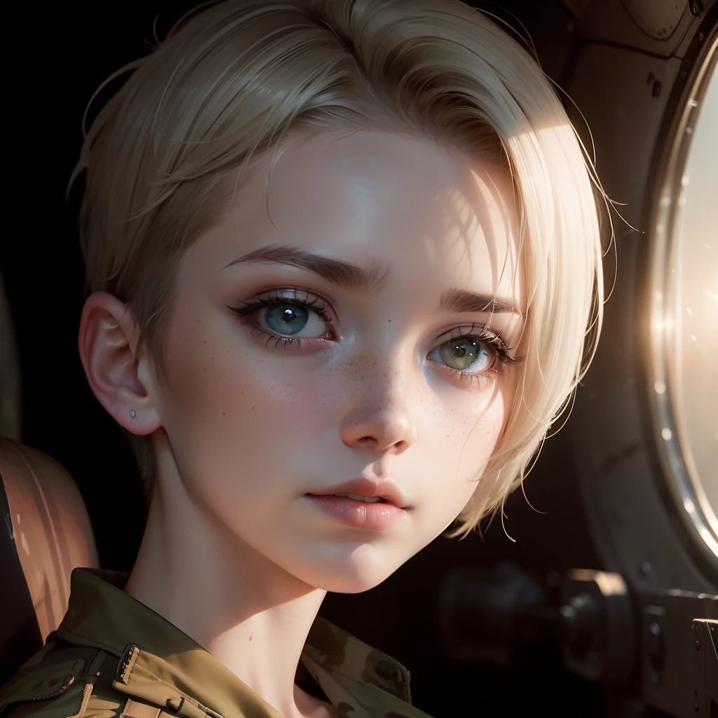 Highest quality, (dramatic lighting:0.7), masterpiece, high angle shot, RAW photo of (pale 21 year old woman with short hair, looking up at the viewer), cute, (wearing Tattered combat fatigues, Disheveled), (sitting inside a tank), portrait, perfect face, alluring eyes, vivid detail, (highly detailed skin), freckles, sfw, (blue tint:0.6), (dirty:0.8), (bloody:0.7), key lighting, (backlighting:0.5), medium depth of field, photographed on a Canon 5D, 50mm lens, F/4 aperture, (hyperdetailed, intricate details), sharp focus, muted colors, 8k, absurdres, 8mm film grain, war photography