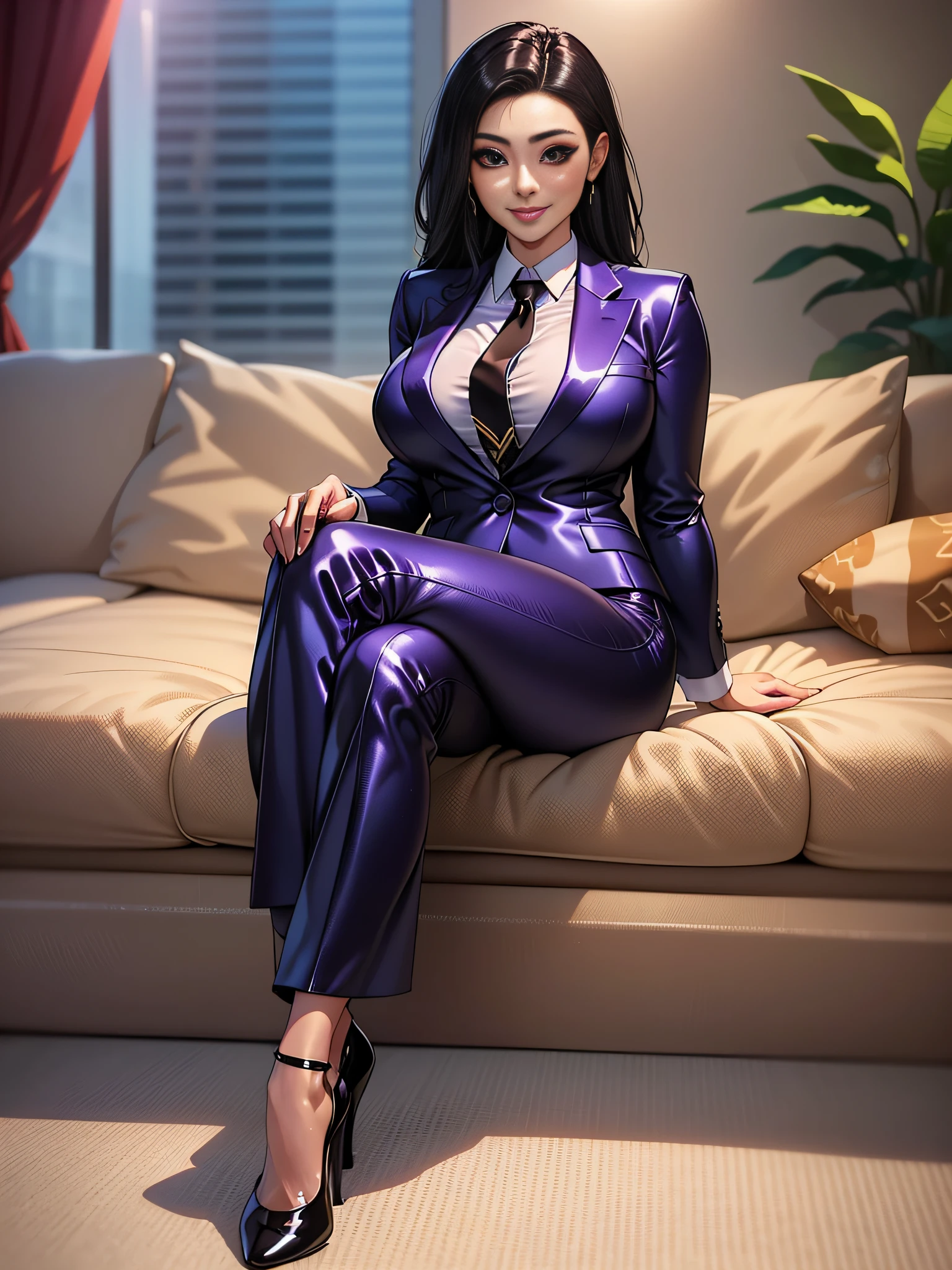 Five fingers、One lady、Huge that are about to burst、Slender long legs、Footboard beauty、Business suits、shirt、Glossy jacket、Long pants、neck tie、clothes shiny、skin tanned、A slight smil、Glowing clothes、Full body view、publicity cosplay、full-cosplay、taken with canon 5d mk4、cosplay foto
