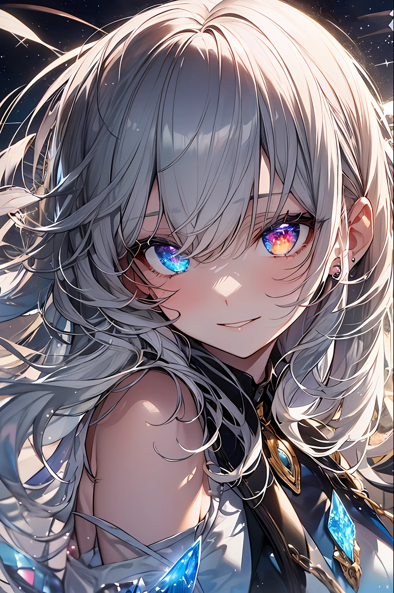 ((​masterpiece、top-quality、Watercolor art(Pendants)、Official art、Beautifully Aesthetic:1.2))、(the golden ratio:1.2)、(ultra-detailliert:1.3)、(1girl in:1.3)、(Fractal Art:1.3)、full body Esbian、((Glitter pupils))、patterns、((rainbow-colored hair、colourful hair、Half silver and half white:1.2))、colourfull、Writing、(heterochromia iridis)、(colourfull:1.5)、((Shy face))、(Hyper-detailing), ((delicate detail)), (intricate detailes), ((ciinematic light, best quality backlight)), highcontrast, ((The best lighting, extremely delicate and beautiful)), ((ciinematic light))、(ray trace reflection、brilliance)、((glowing aura))、((Radiant hair))、((The ultra-detailliert))、((8K))、((write))、Delicate beautiful face and eyes,Focus on Face, ​masterpiece,Shock sensation、(realisitic:0.5)、Original 2 High Saturation、((Neat and clean woman))、((night sky full of stars))、(((Shining eyes:2))),(((Crystal pupil:1.3))),(((Big eyes:1.3)))、(((Crystals in the eye:1.5))), absurderes, superfine illustration, Best Quality, extremely cute and beautiful girl, Very detailed and very beautiful adult big smile:1.2, ;D, Face up, Beautiful Growing Crystal Diamond Silver Star Pupil, look at viewr, Beautiful detailed** Black **hair:1.2, Solo, Beautiful detailed **Black and silver** ribon, Beautiful detailed **Black** (((High School Uniform))), Fantastic and shining wide rainbow with circles, Shooting stars and strong winds、Night and rainbow shooting stars, Magic Circle:1,2 of the detailed background、Shining Silver