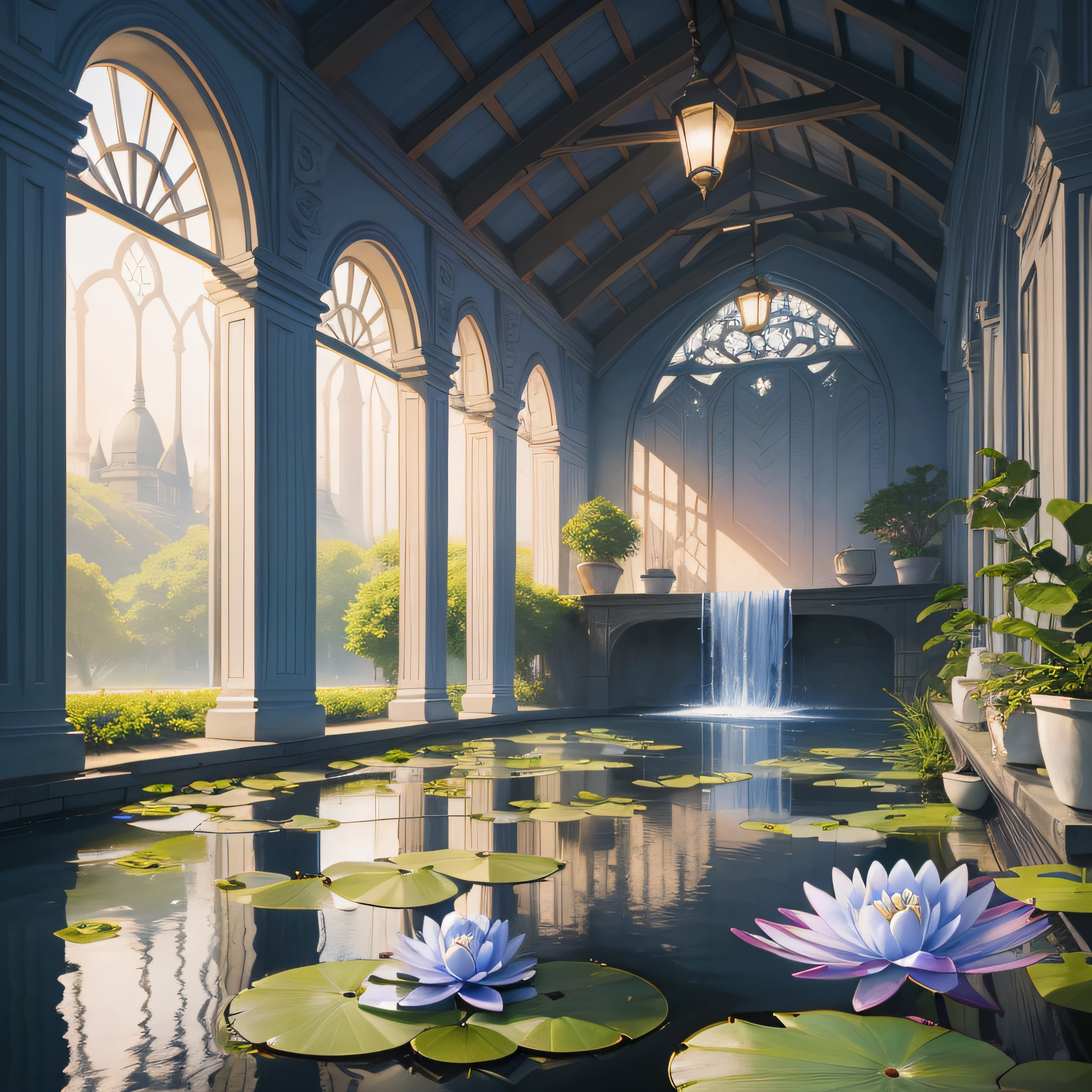 Blue water lily、Blue Lotus、Blue water lily、landscape illustration　Fantastic atmosphere、natta